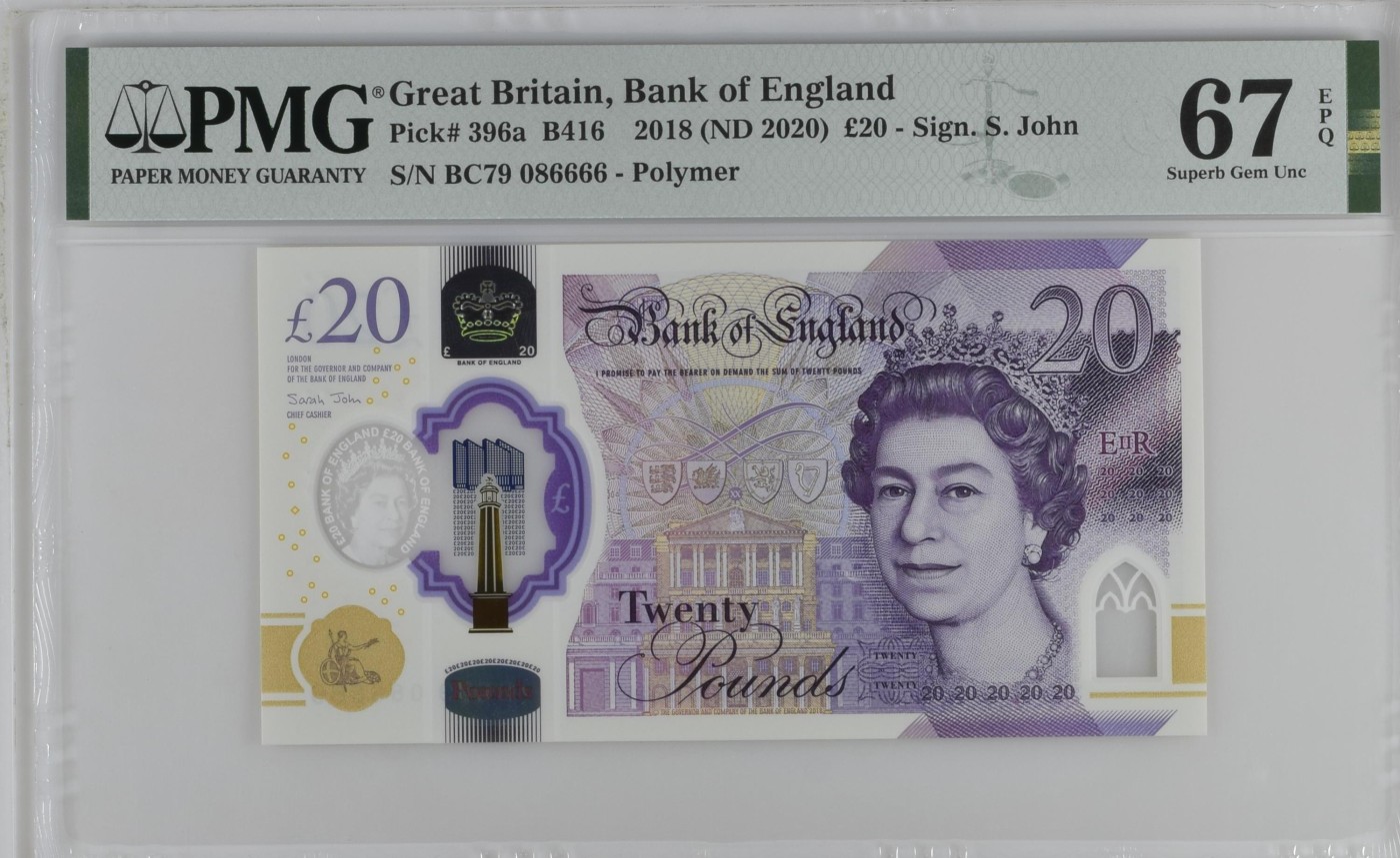 收藏联盟Quantum Auction 第309期拍卖  英国2018 (ND 2020)年20镑 PMG67 狮子号6666 圆圆倒置号