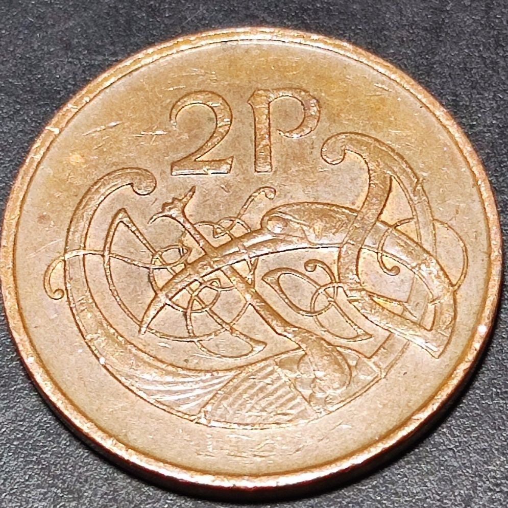 231203 爱尔兰 1980-99年 2便士 青铜色硬币 抽象动物鸟 26mm 竖琴 风水