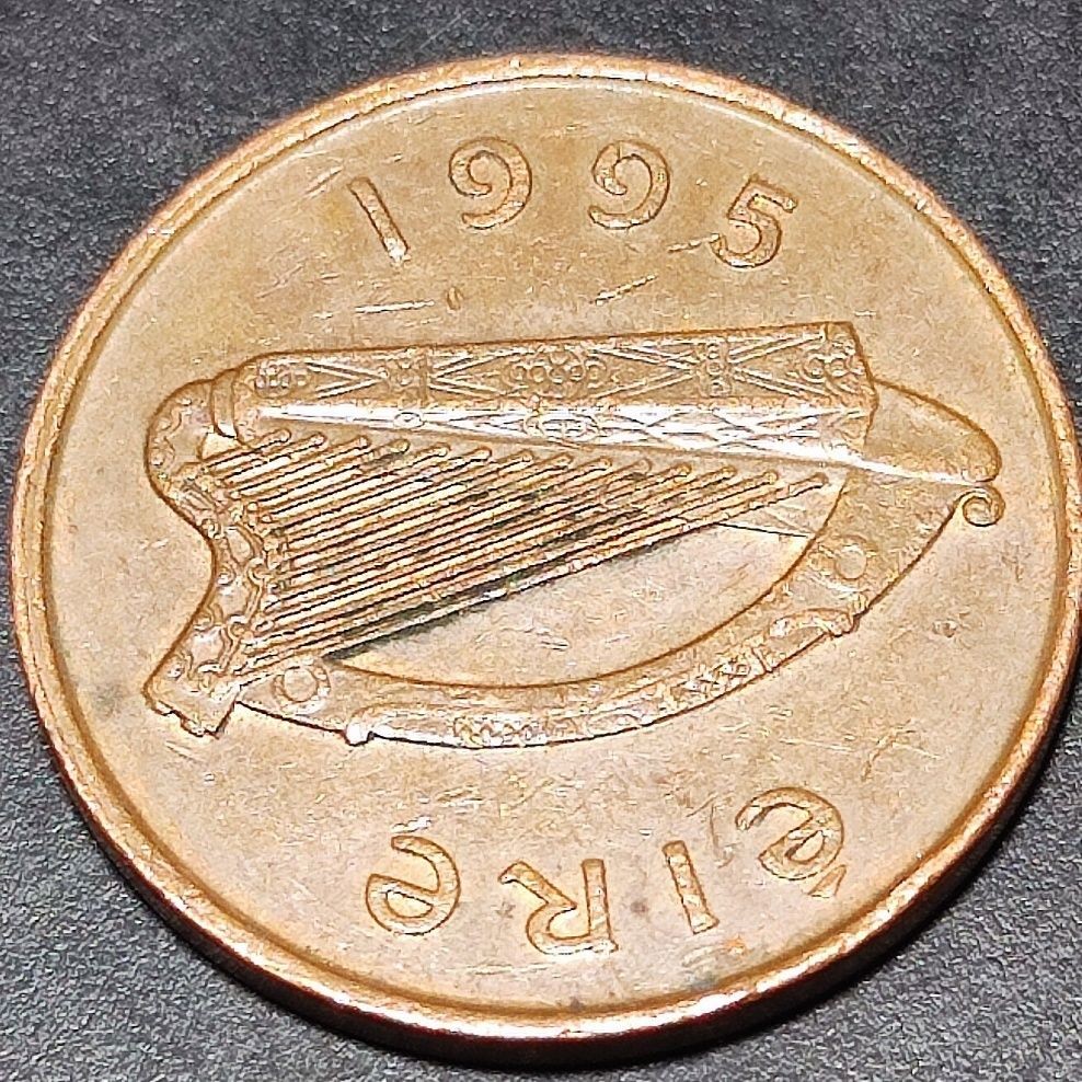 231203 爱尔兰 1980-99年 2便士 青铜色硬币 抽象动物鸟 26mm 竖琴 风水