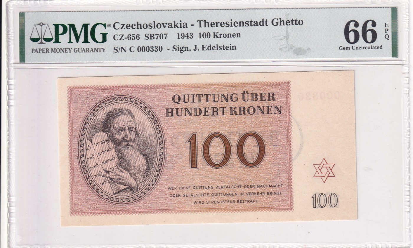 🌗乐淘淘世界纸币拍卖 第32期 🌓 【C 000330】捷克斯洛伐克1943年纸币 100克朗 百位号 数二 PMG66EPQ