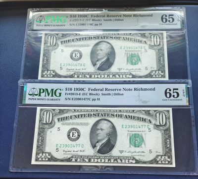 Gem Unc 美国纸币 1950年C版 10元美金纸币 2连号 Pmg 65E - Gem Unc 美国纸币 1950年C版 10元美金纸币 2连号 Pmg 65E