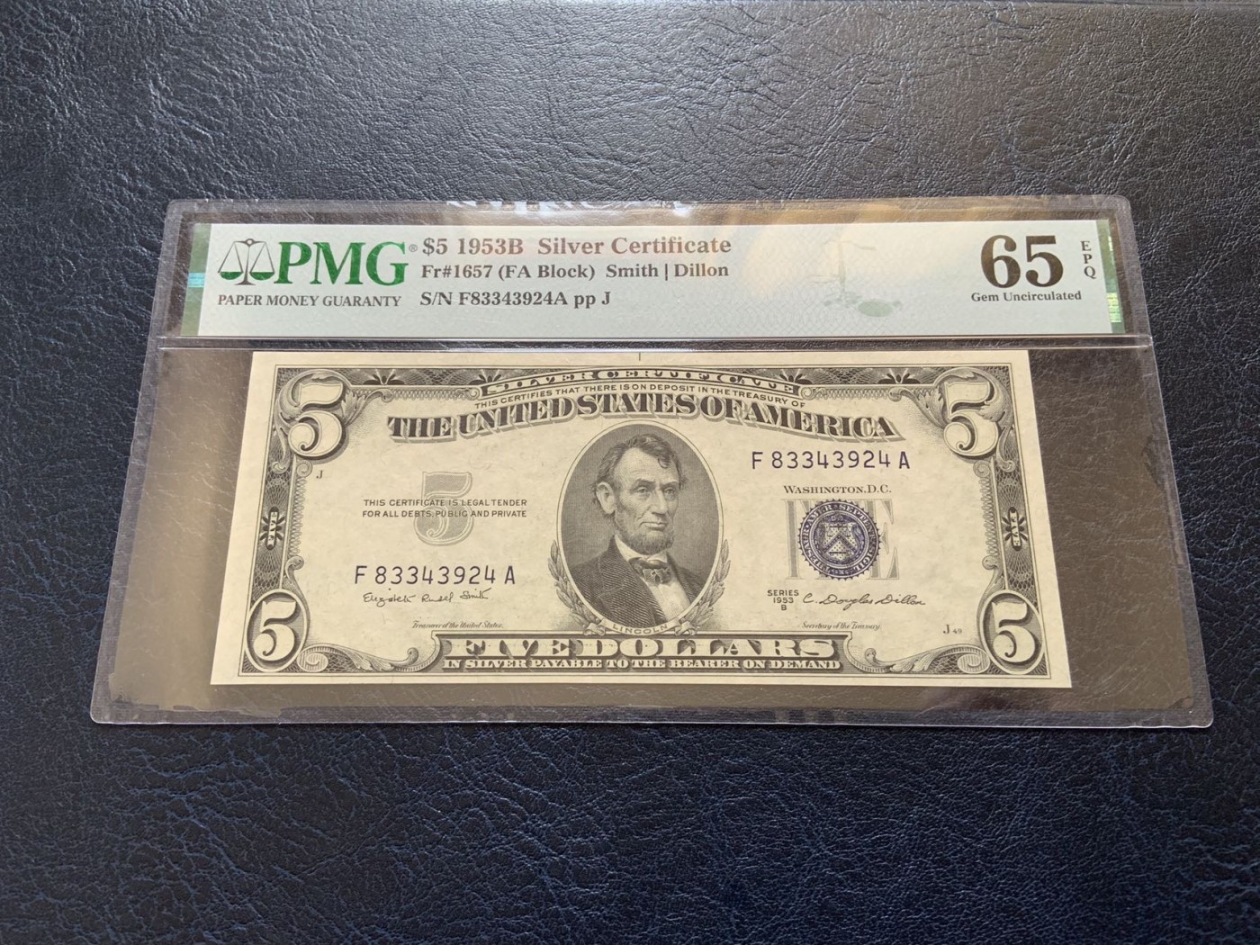 收藏联盟Quantum Auction 第308期拍卖  美国1953年银币券5元 PMG65
