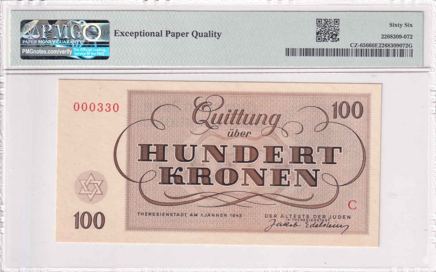 🌗乐淘淘世界纸币拍卖 第32期 🌓 【C 000330】捷克斯洛伐克1943年纸币 100克朗 百位号 数二 PMG66EPQ
