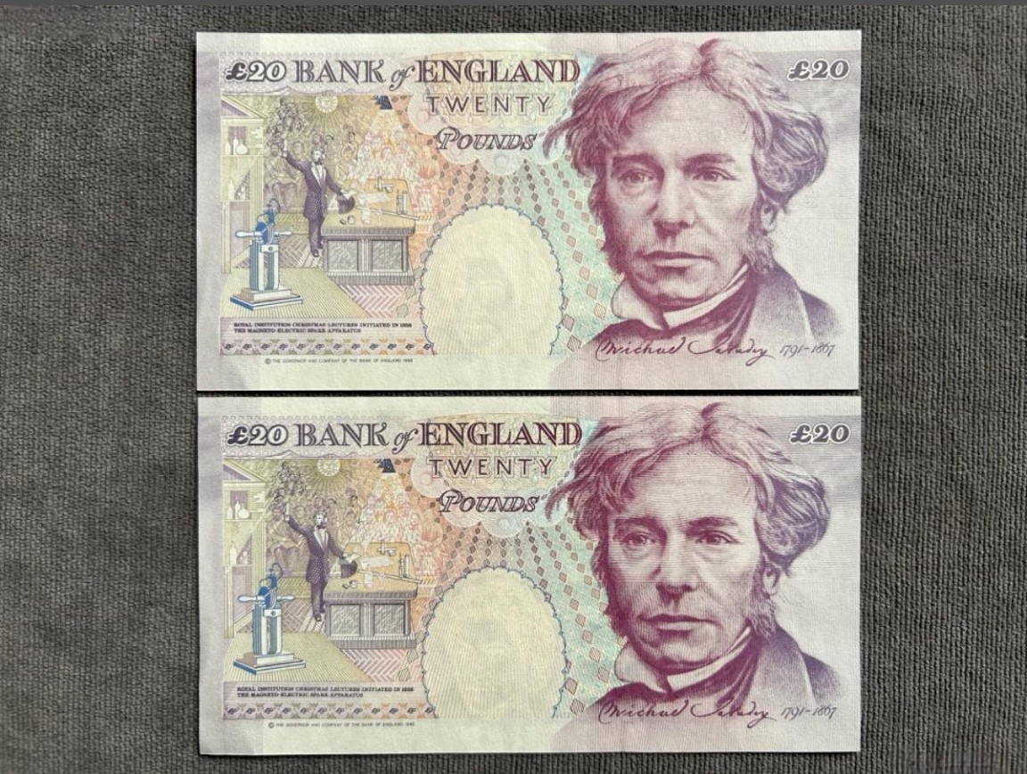 英国1993年E序列20镑纸币法拉第 连号95品