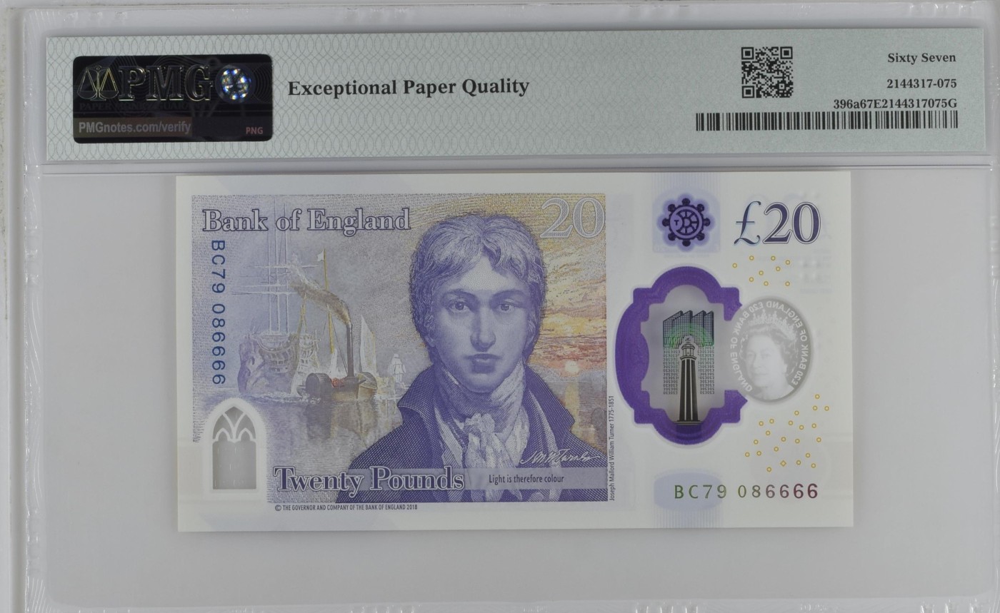 收藏联盟Quantum Auction 第309期拍卖  英国2018 (ND 2020)年20镑 PMG67 狮子号6666 圆圆倒置号