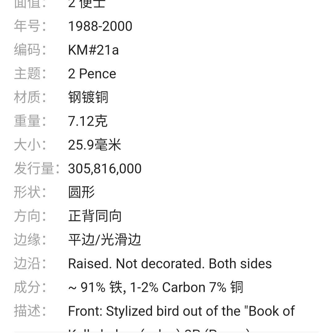231203 爱尔兰 1980-99年 2便士 青铜色硬币 抽象动物鸟 26mm 竖琴 风水