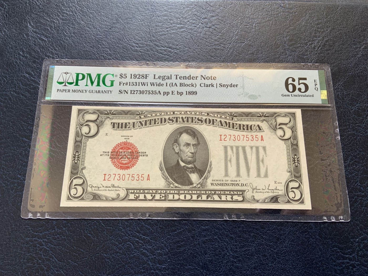 收藏联盟Quantum Auction 第308期拍卖  美国1928年政府券5元 PMG65 号码无4