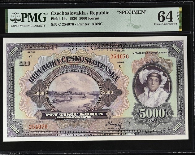 🌗乐淘淘世界纸币拍卖 第32期 🌓 【C 254076】捷克斯洛伐克1920年纸币 5000克朗 样钞 百年老钞 精美大票幅 PMG64EPQ