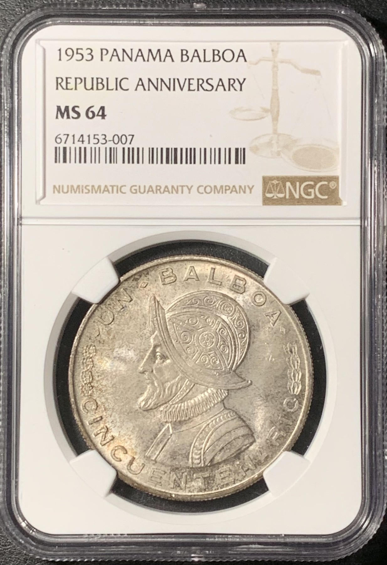 紫瑗钱币——第331期拍卖 巴拿马 1953年 总督巴尔博亚 1巴波亚 银币 NGC MS64 五彩包浆