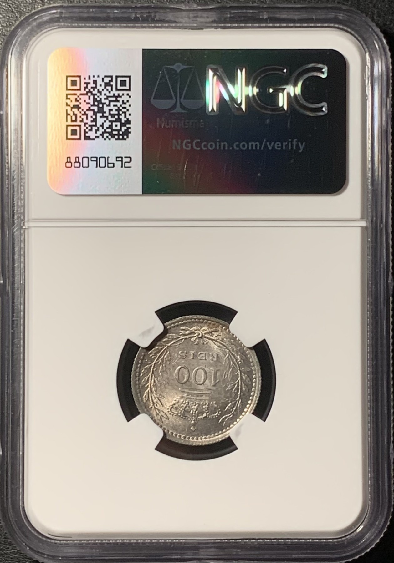 紫瑗钱币——第331期拍卖 葡萄牙 1910年 曼努埃尔二世 100瑞斯 银币 NGC MS62 五彩包浆