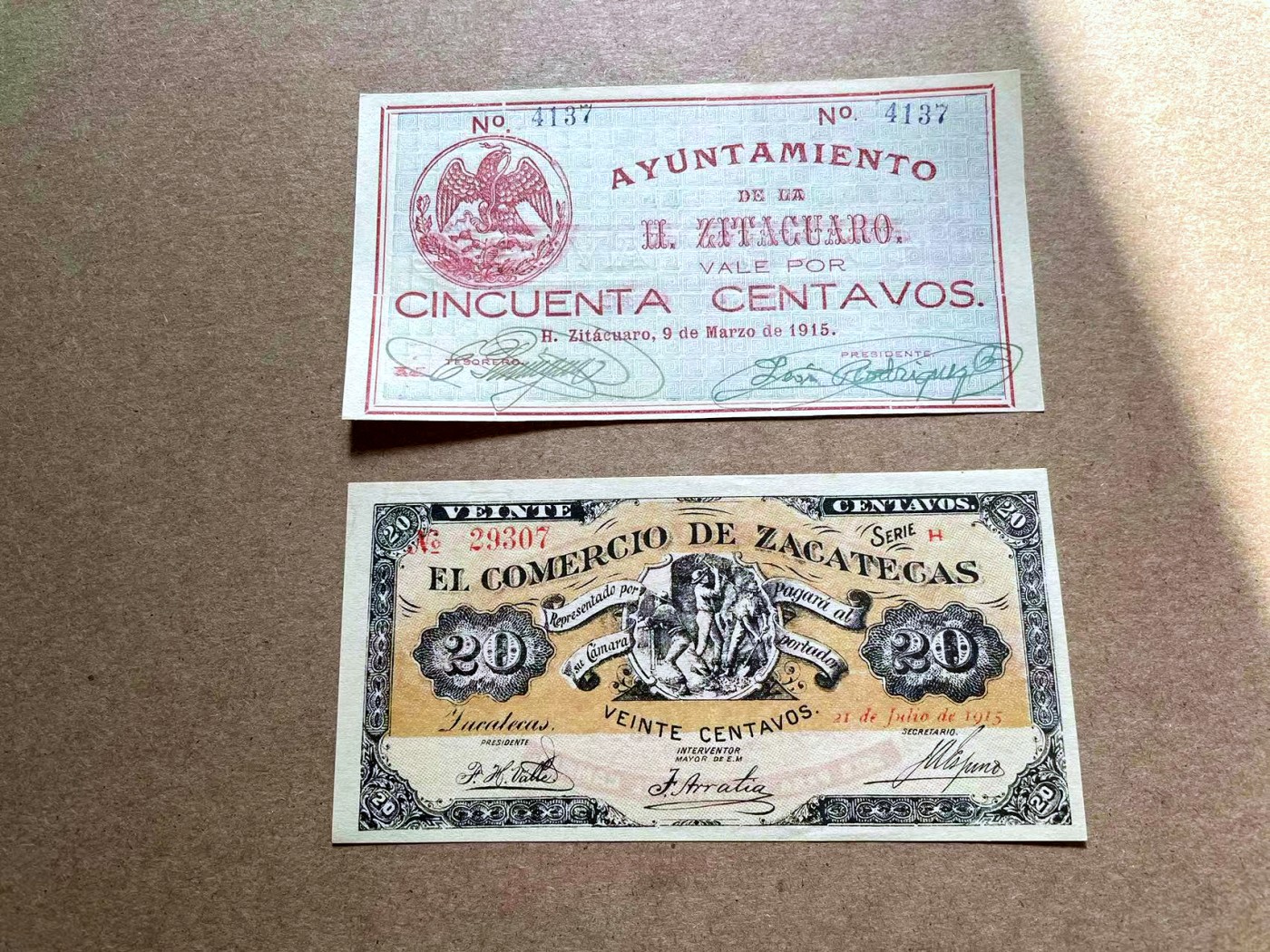 【Blue Auction】✨世界纸币精拍第402期【精】 【一组2张实钞】墨西哥 1915年20-50分一组 双面设计 较少见品种 UNC-