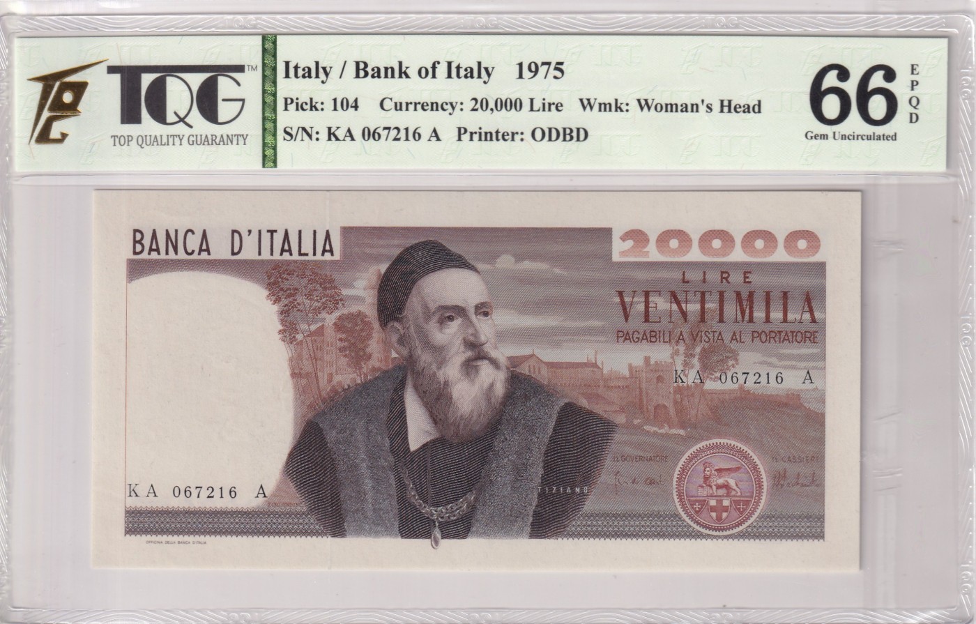 🌗乐淘淘世界纸币拍卖 第32期 🌓 【KA 067216 A】意大利1975年纸币 20000里拉 提香 TQG66EPQ
