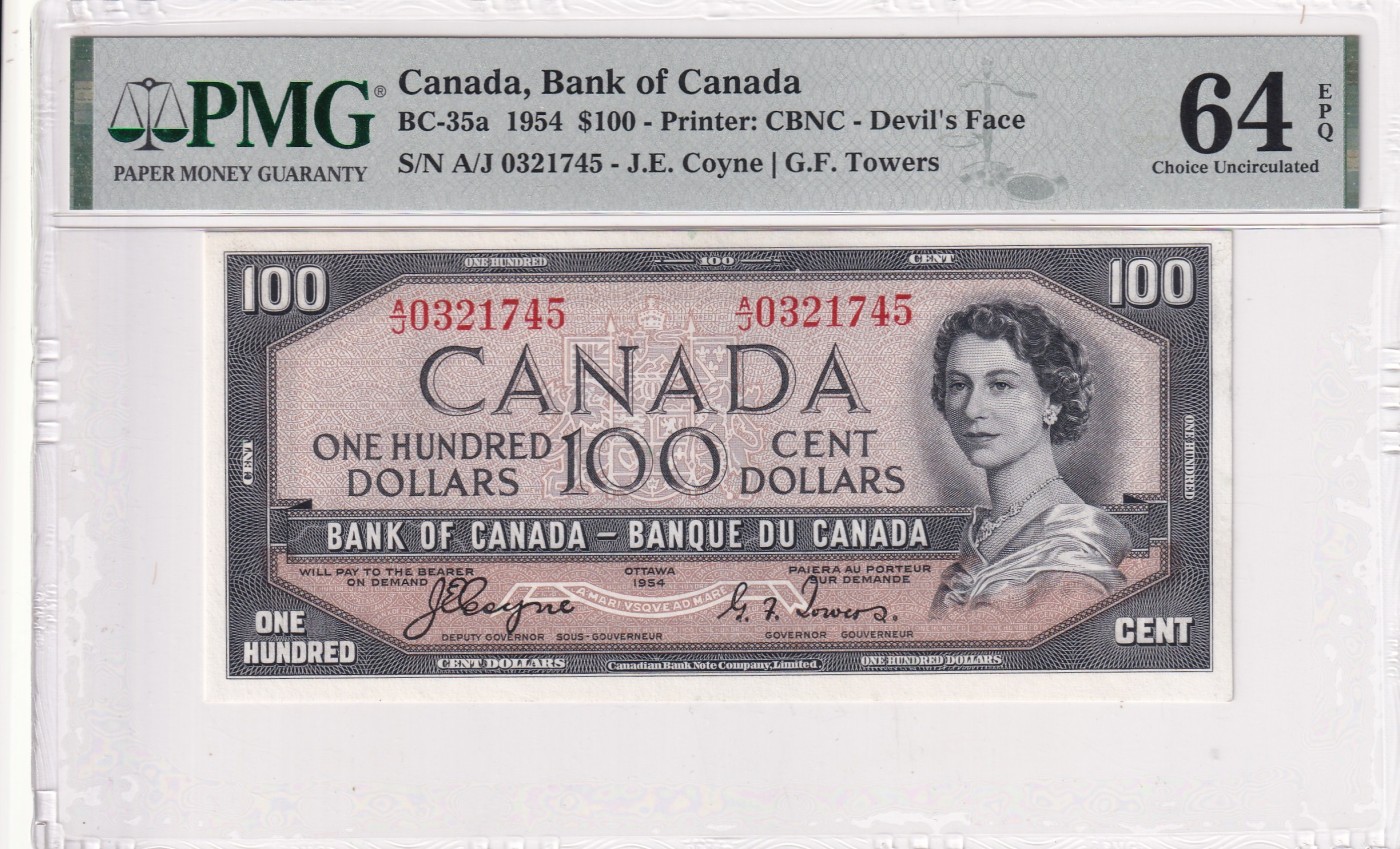 🌗乐淘淘世界纸币拍卖 第32期 🌓 【A/J 0321745】加拿大1954年纸币 100元 魔鬼脸 乱蛇号 女王钞 PMG64EPQ