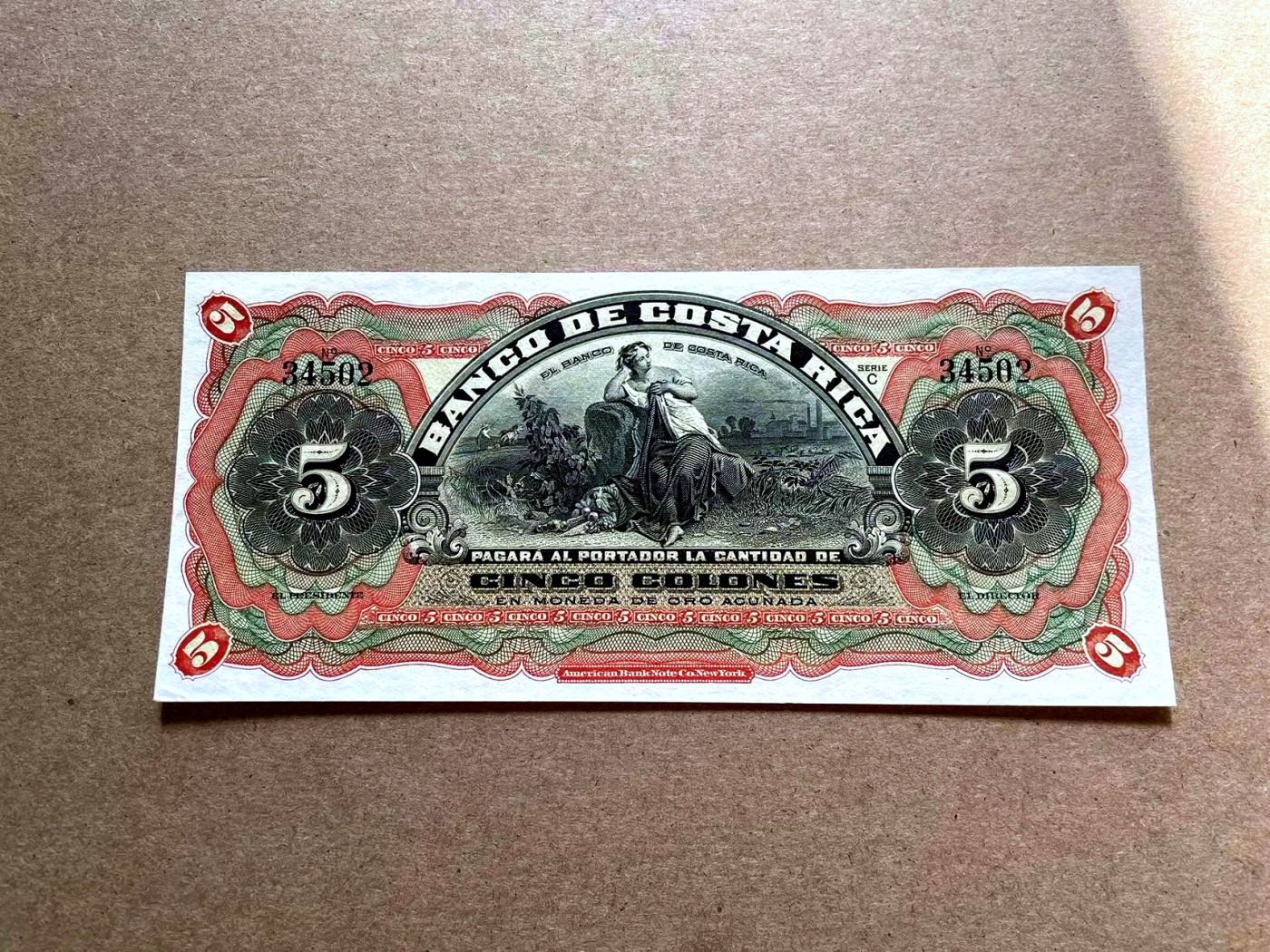 【Blue Auction】✨世界纸币精拍第402期【精】 哥斯达黎加 1908年5克朗 UNC- 雕刻非常精美 大票幅