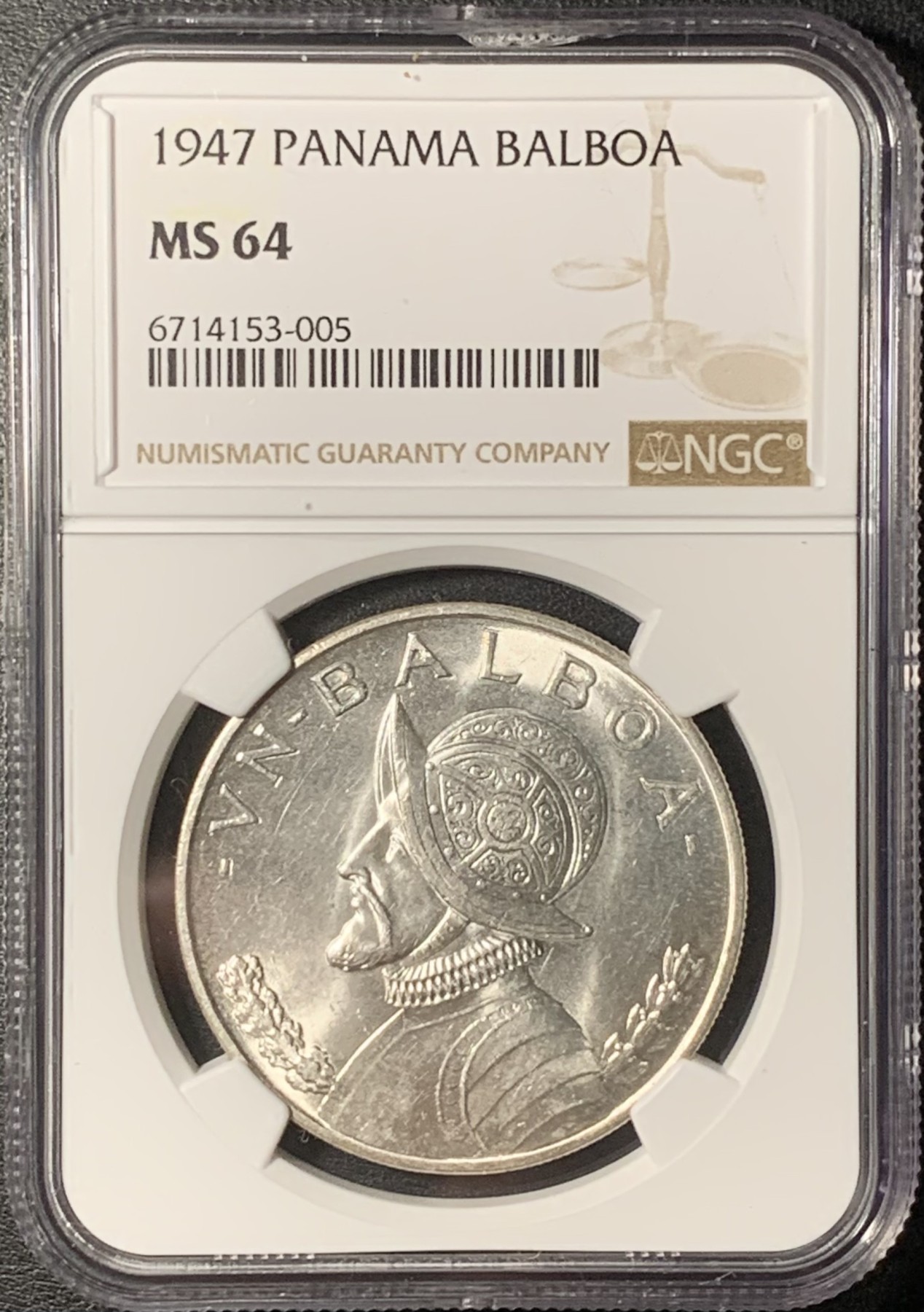 紫瑗钱币——第331期拍卖 巴拿马 1947年 总督巴尔博亚 1波拿巴 银币 NGC MS64