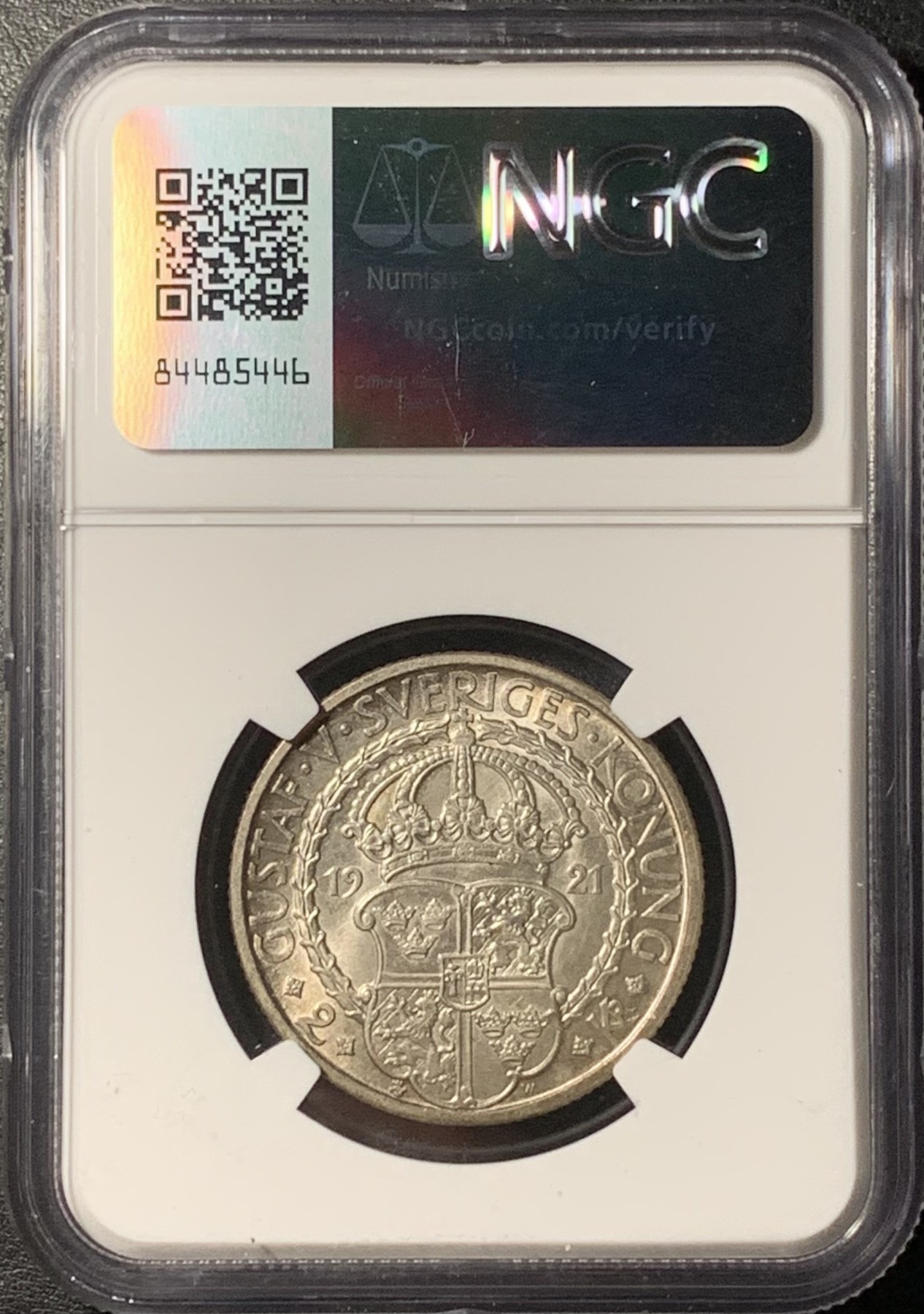 紫瑗钱币——第331期拍卖 瑞典 1921年 政治自由400周年 2克朗 银币 NGC MS64 五彩