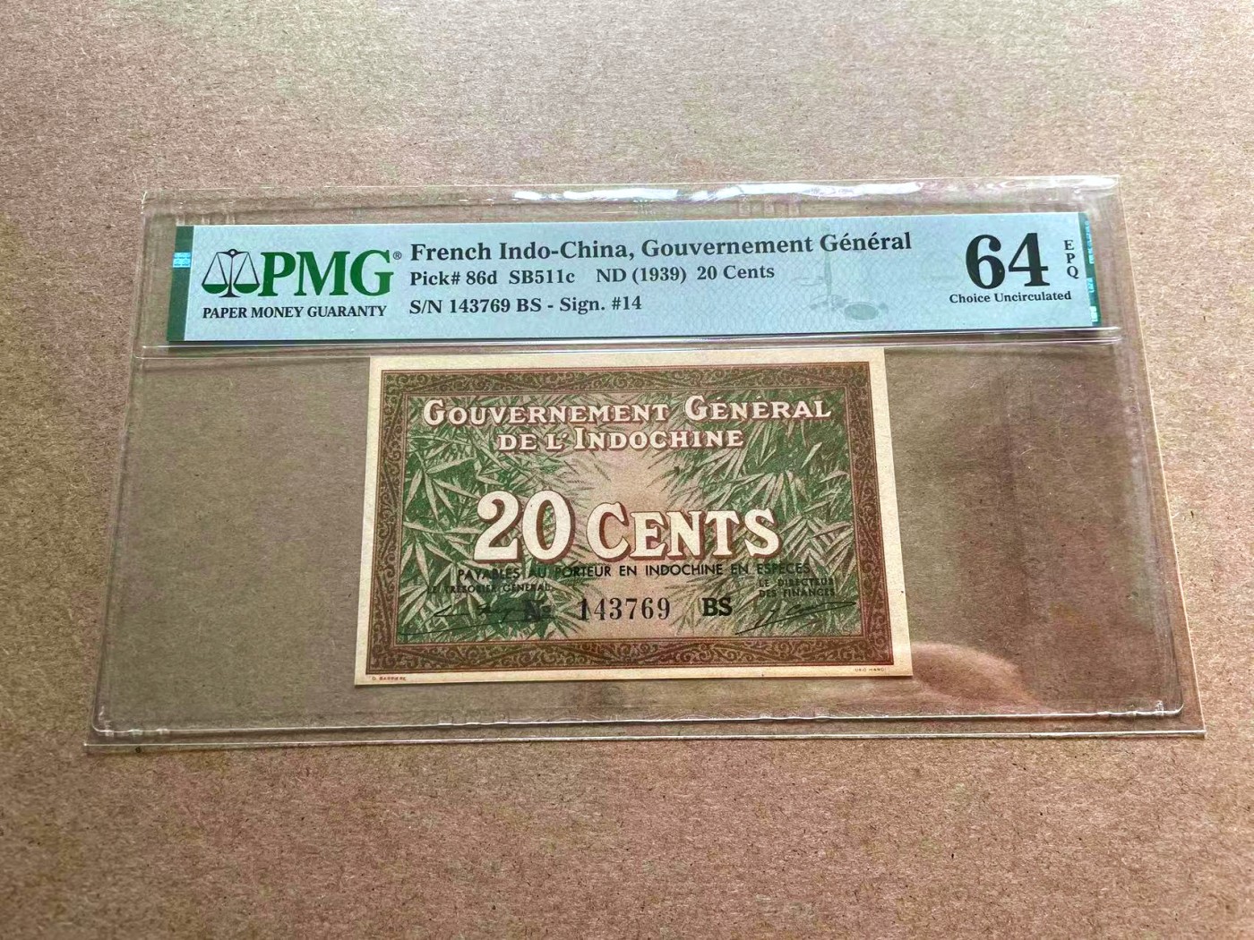 【Blue Auction】✨世界纸币精拍第402期【精】 法属印支 1939年20分 PMG64EPQ 全新原票 