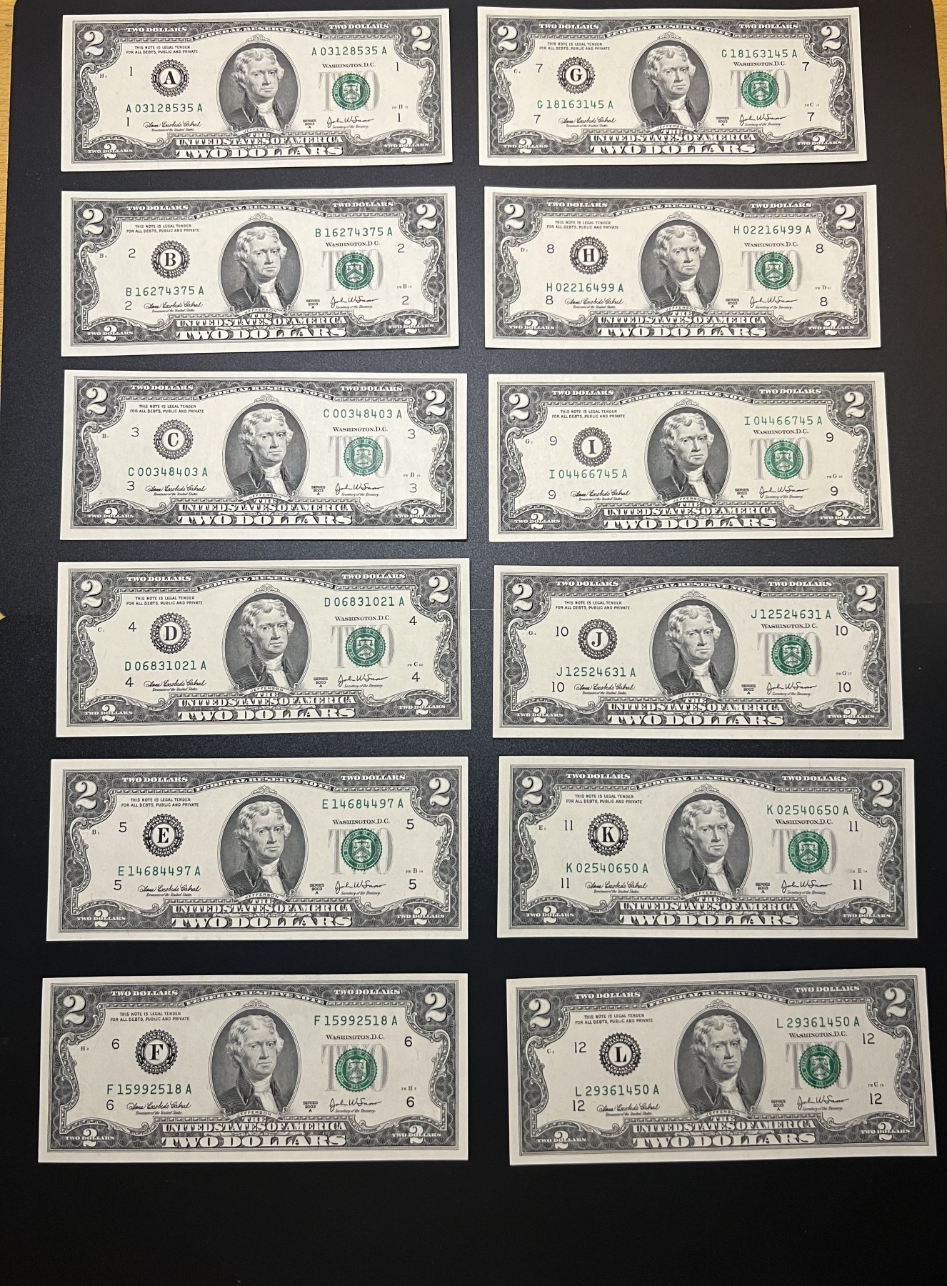 🌗乐淘淘世界纸币拍卖 第32期 🌓 【12冠号大全】美国2003A版纸币 2美元 十二张 A-L冠号 全新UNC