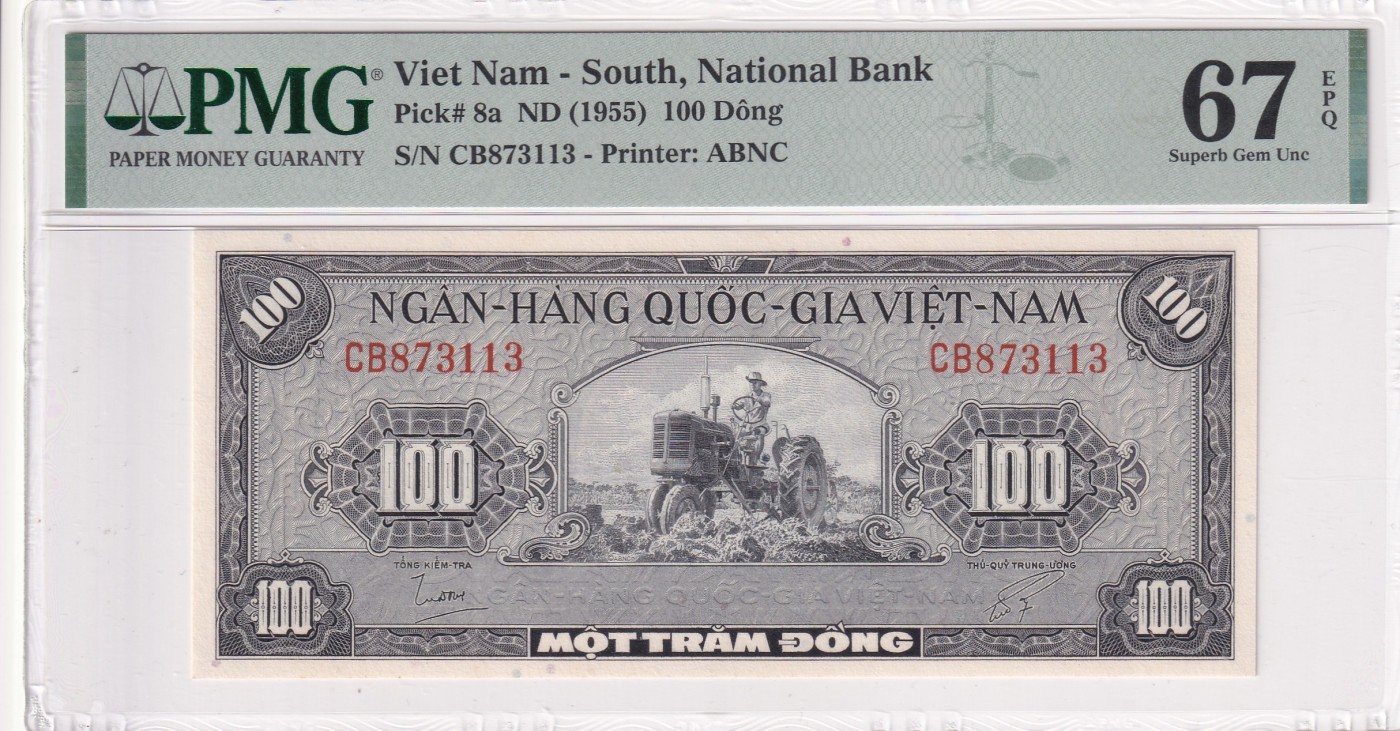 🌗乐淘淘世界纸币拍卖 第32期 🌓 【CB873113】越南 南越1955年纸币 100盾 PMG67EPQ 冠军分！