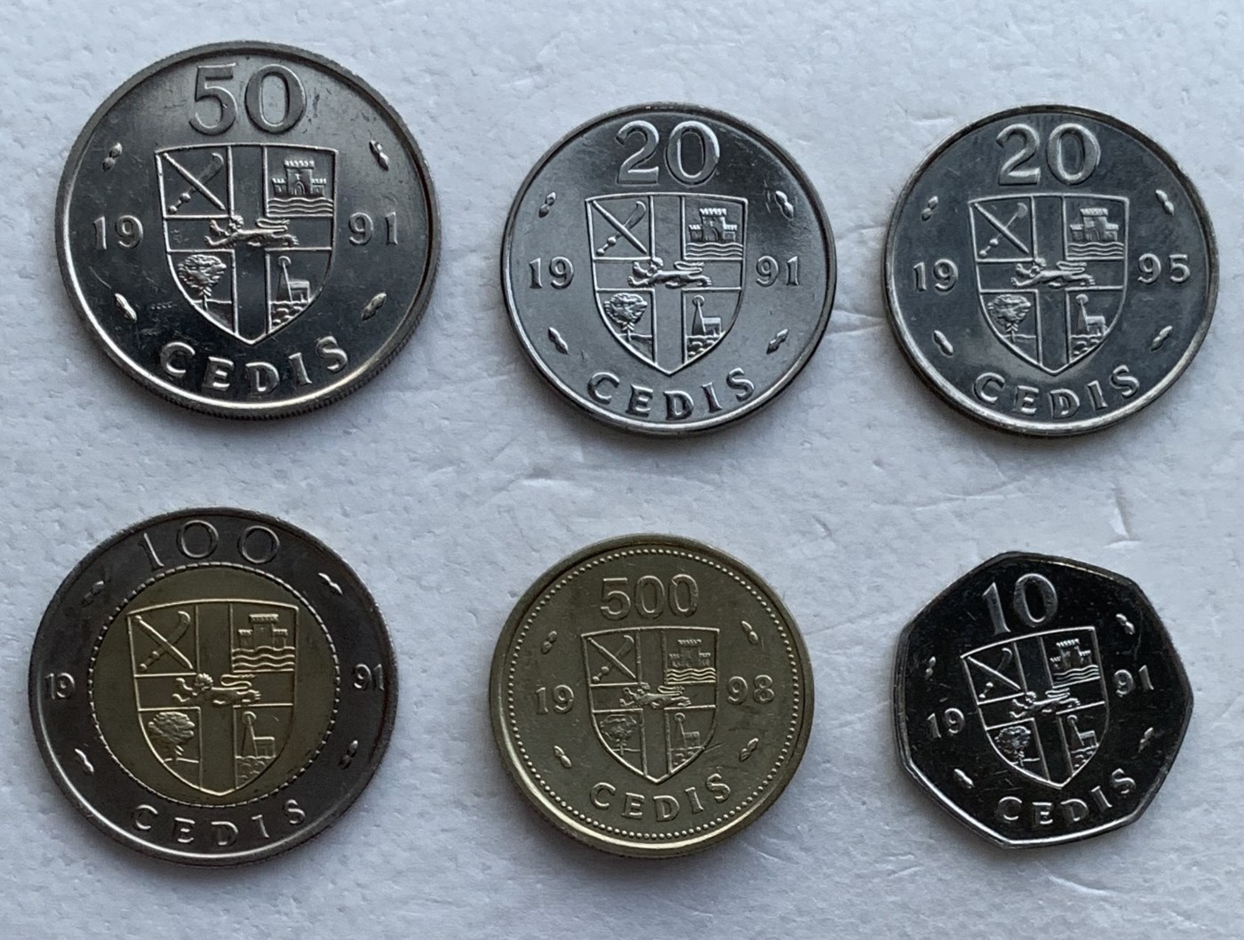 瓶子🏺散币纸币第3期 加纳1991-1998年10-20-50-100-500塞地纪念币6枚