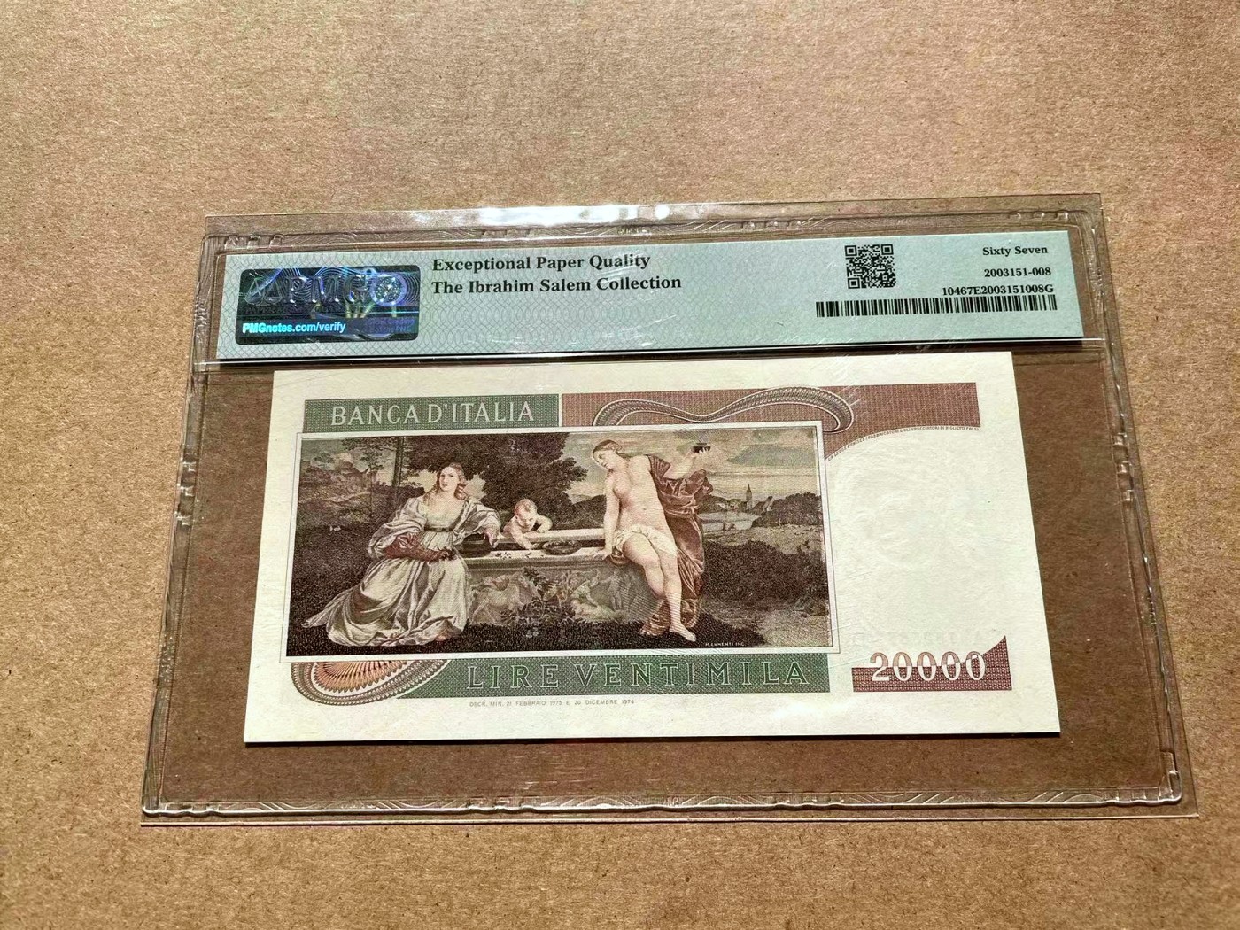 【Blue Auction】✨世界纸币精拍第402期【精】 【名家旧藏 仅1张更高分 亚军分】意大利 1975年20000里拉 经典提香 PMG67EPQ 精美名画