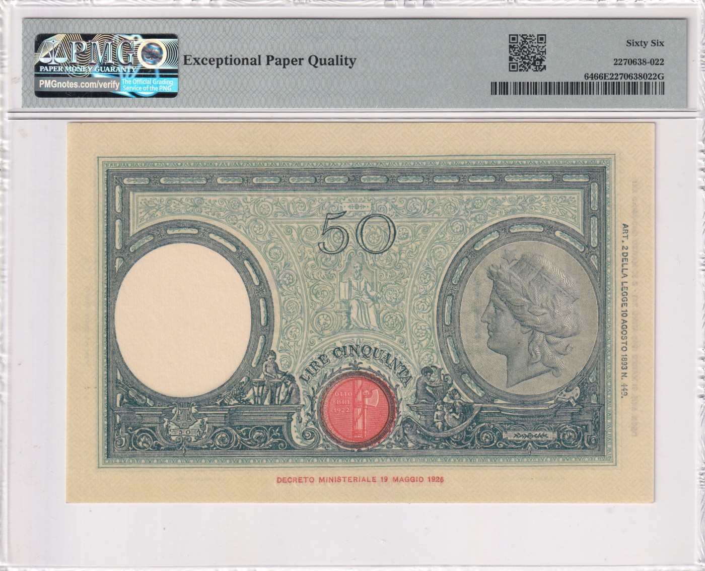 🌗乐淘淘世界纸币拍卖 第32期 🌓 【S12 081383】意大利1943年纸币 50里拉 无47 精美大票幅 PMG66EPQ 亚军分