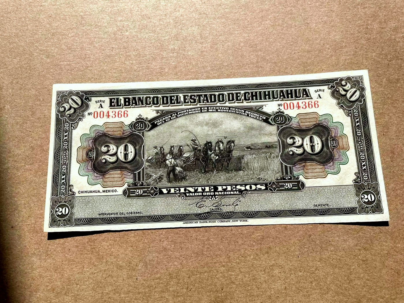 【Blue Auction】✨世界纸币精拍第402期【精】 【实钞 A冠千位小号】墨西哥 1913年20比索 ABNC出品 雕刻精美 大票幅 大场景 UNC- 