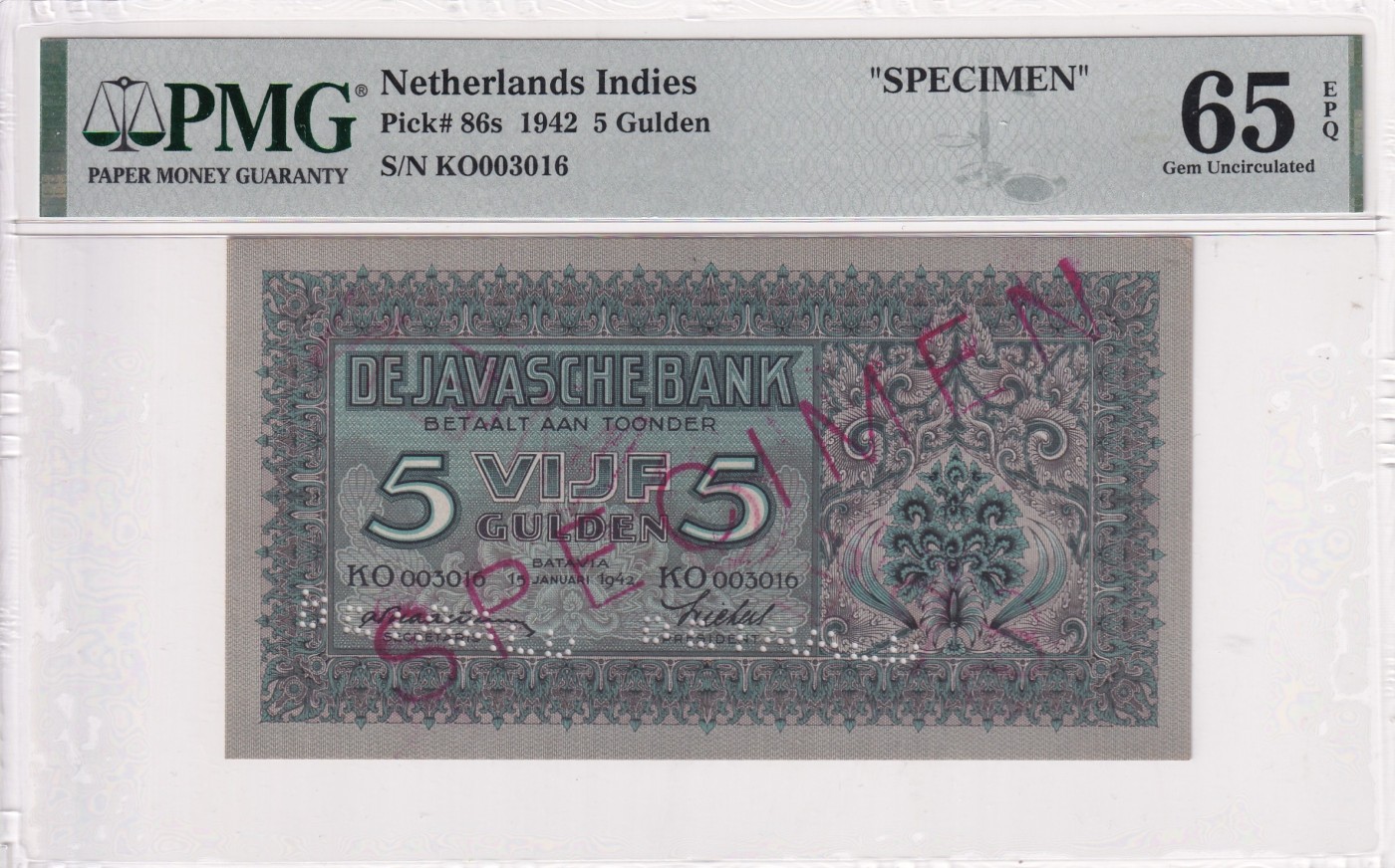 🌗乐淘淘世界纸币拍卖 第32期 🌓 【KO003016】荷属印第安1942年纸币 5盾 样钞 PMG65EPQ