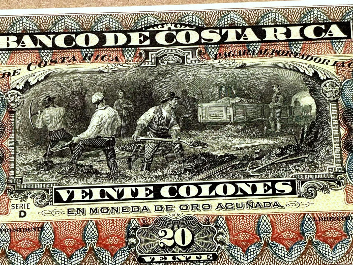 【Blue Auction】✨世界纸币精拍第402期【精】 哥斯达黎加 1901-08年20克朗 ABNC出品 雕刻精美 大票幅 矿工 大场景 全新UNC