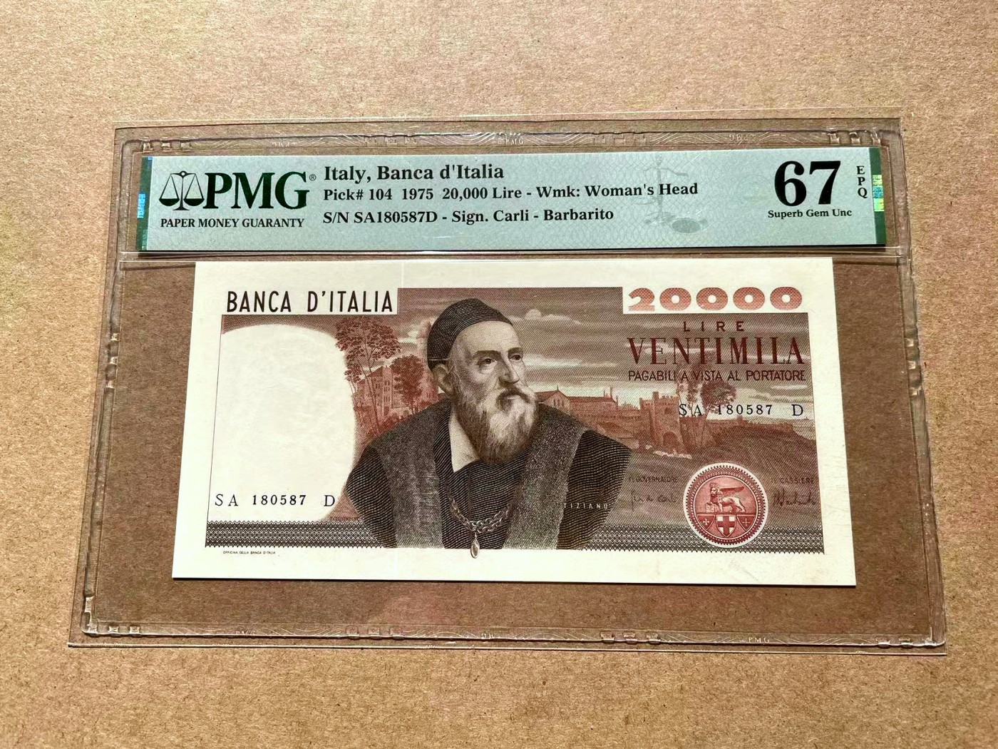 【Blue Auction】✨世界纸币精拍第402期【精】 【名家旧藏 仅1张更高分 亚军分】意大利 1975年20000里拉 经典提香 PMG67EPQ 精美名画