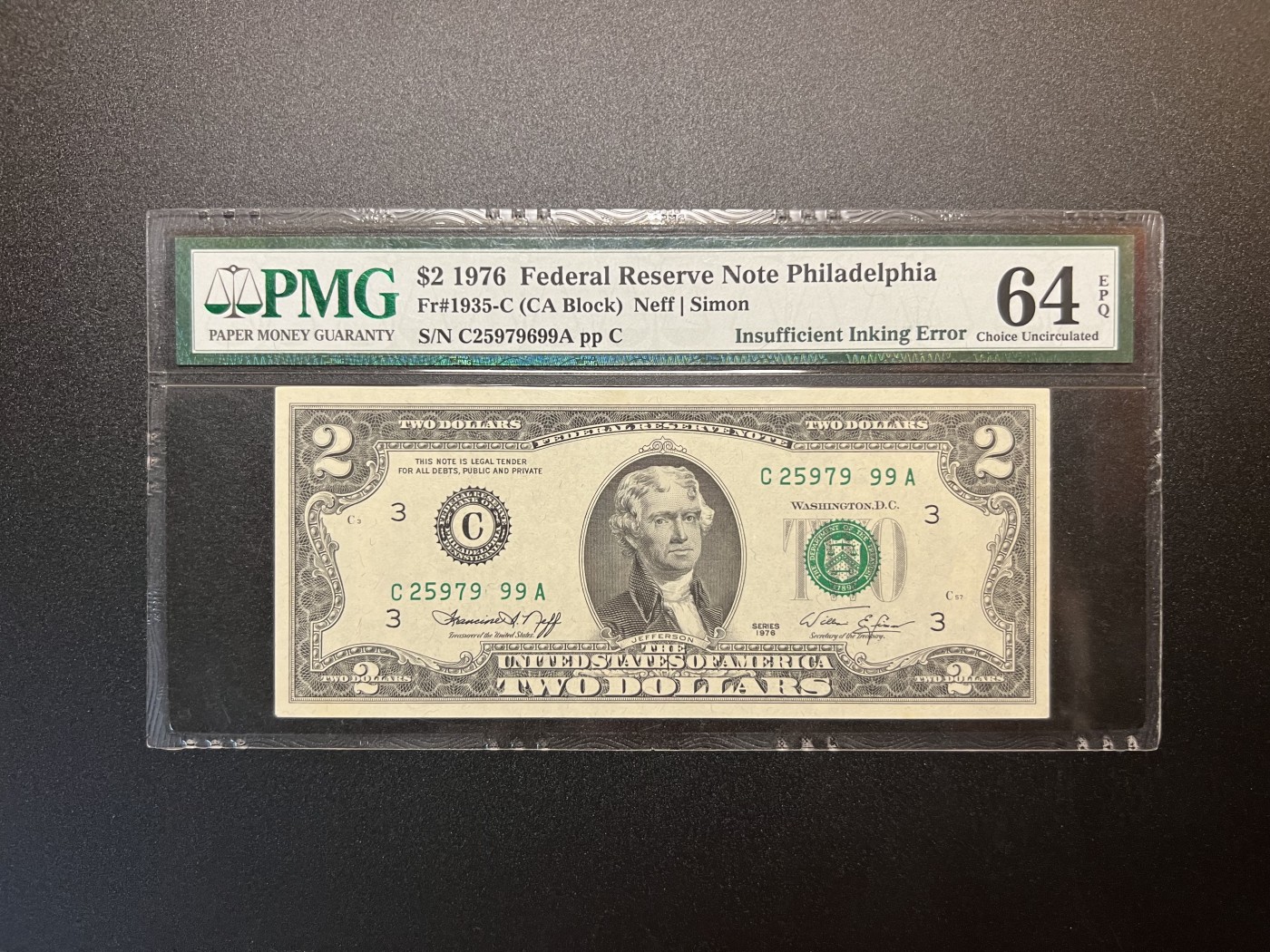 🌗乐淘淘世界纸币拍卖 第32期 🌓 【C25979 99A】美国1976年纸币 2美元 号码漏印 错版钞 PMG64EPQ
