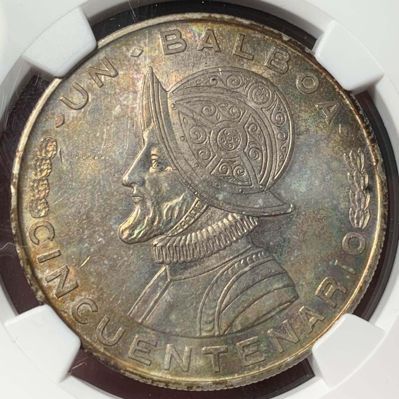 紫瑗钱币——第331期拍卖 巴拿马 1953年 总督巴尔博亚 1巴波亚 银币 NGC MS63 五彩包浆