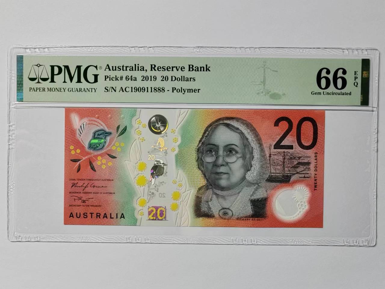 豹子号888 澳大利亚20元塑料钞 2019年 全新UNC 倒置号 PMG66