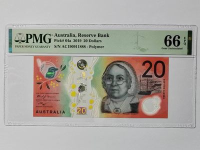 豹子号888 澳大利亚20元塑料钞 2019年 全新UNC 倒置号 PMG66 - 豹子号888 澳大利亚20元塑料钞 2019年 全新UNC 倒置号 PMG66