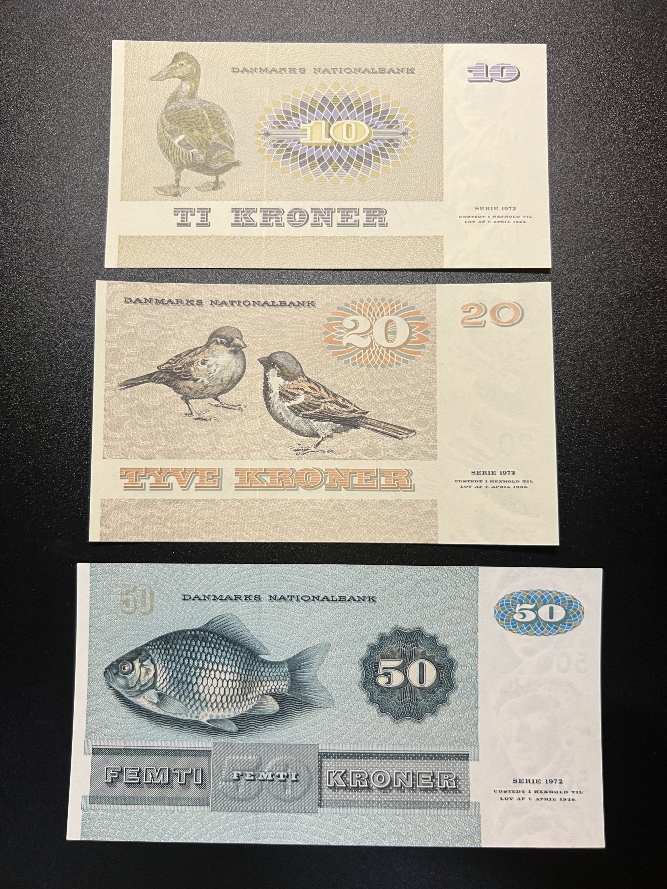 🌗乐淘淘世界纸币拍卖 第32期 🌓 丹麦1972年纸币 10/20/50克朗 UNC