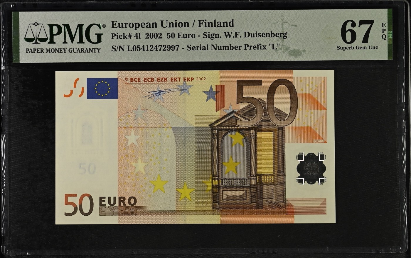 🌗乐淘淘世界纸币拍卖 第32期 🌓 【L05412472997】欧盟2002年纸币 50欧元 一签 芬兰版 PMG67EPQ