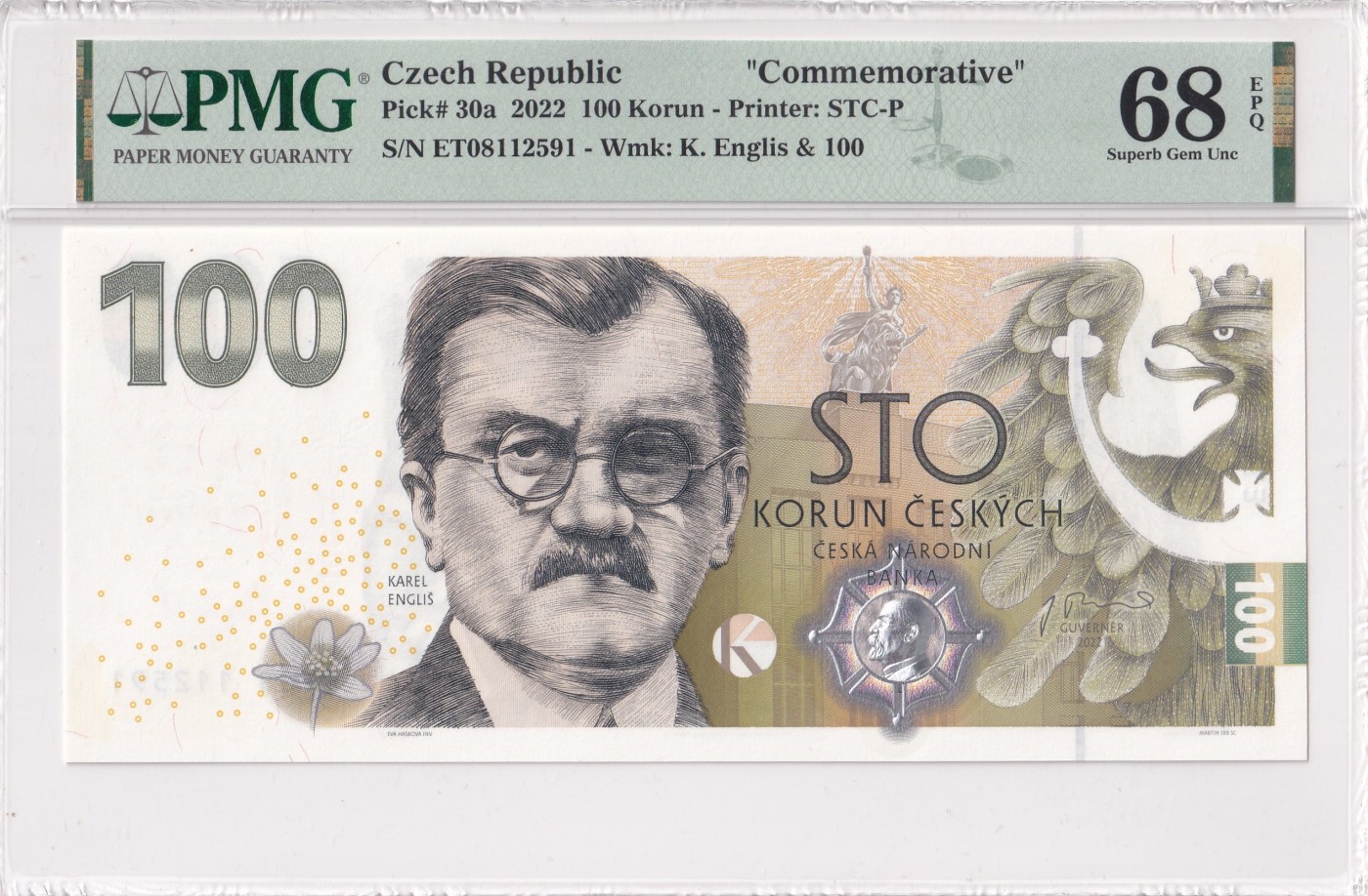 🌗乐淘淘世界纸币拍卖 第32期 🌓 【ET08112591】捷克2022年纸币 100克朗 纪念钞 精美大票幅 无47 PMG68EPQ
