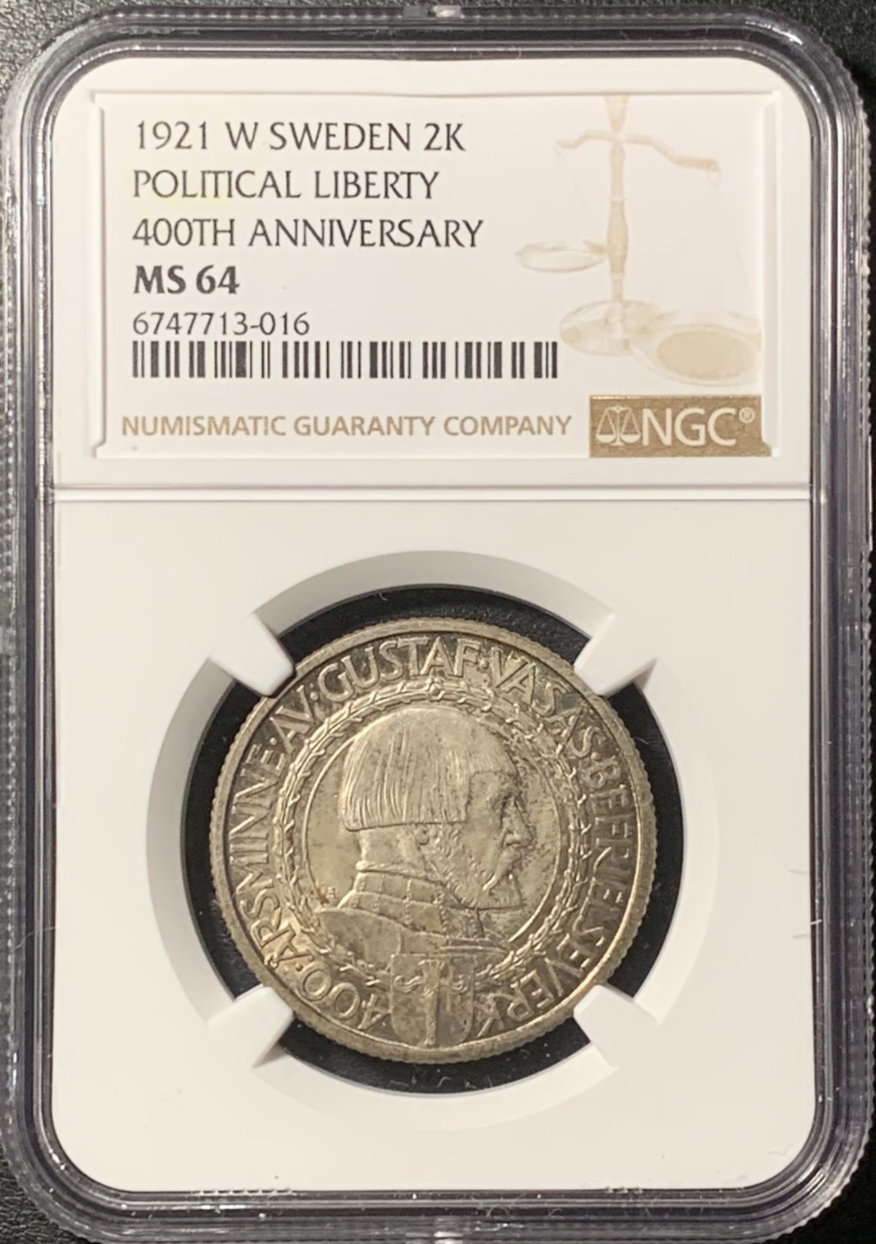 紫瑗钱币——第331期拍卖 瑞典 1921年 政治自由400周年 2克朗 银币 NGC MS64 五彩