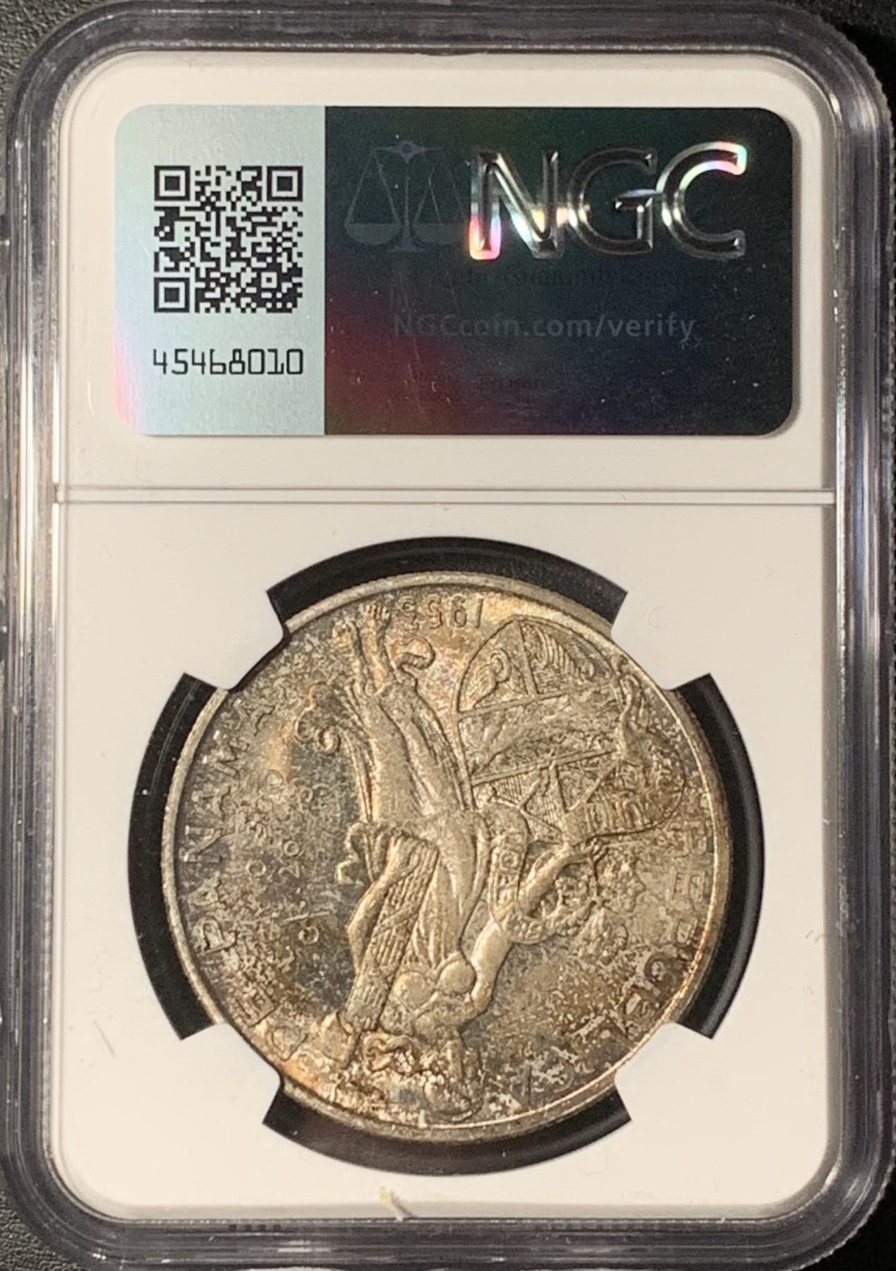 紫瑗钱币——第331期拍卖 巴拿马 1953年 总督巴尔博亚 1巴波亚 银币 NGC MS64 五彩包浆