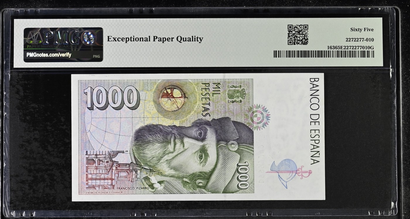 【Blue Auction】✨世界纸币精拍第402期【精】 【全同9稀见】西班牙 1996年1000比塞塔 PMG65EPQ 号码爱好者不可错过 很难碰到
