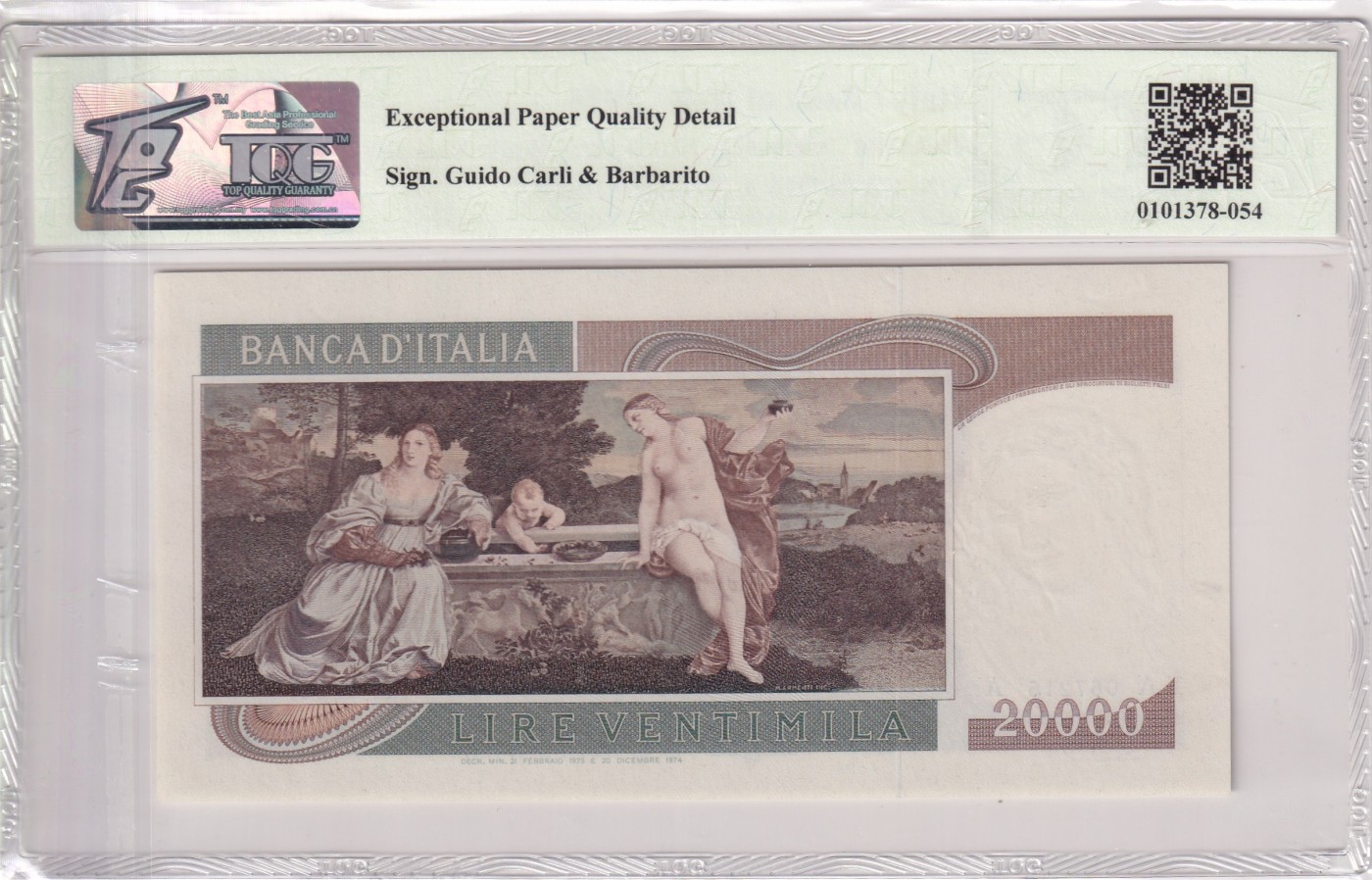 🌗乐淘淘世界纸币拍卖 第32期 🌓 【KA 067216 A】意大利1975年纸币 20000里拉 提香 TQG66EPQ