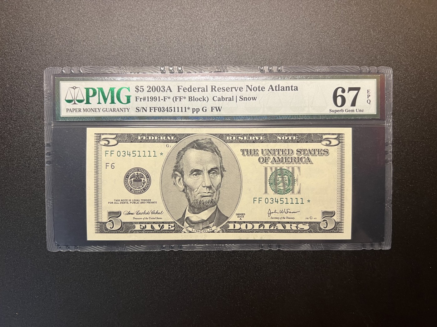 🌗乐淘淘世界纸币拍卖 第32期 🌓 【FF03451111*】美国2003A版纸币 5美元 稀少狮子号1111 星补号 PMG67EPQ 亚军分