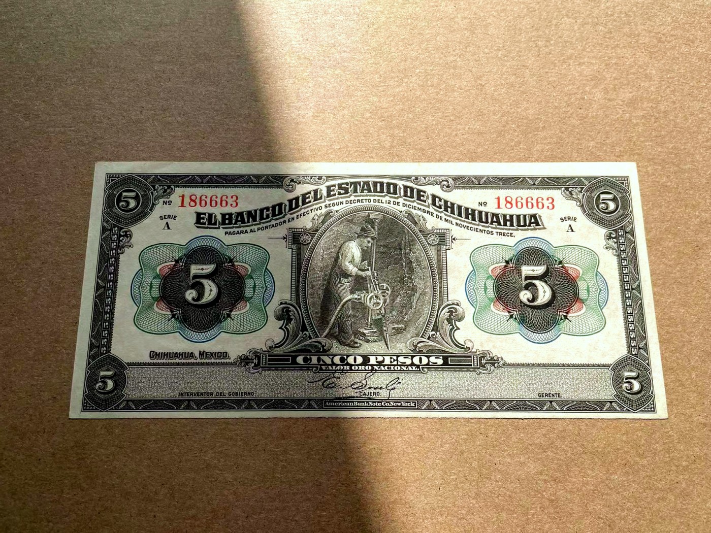 【Blue Auction】✨世界纸币精拍第402期【精】 【无47 A冠实钞】墨西哥 1913年5比索 ABNC出品 雕刻精美 大票幅  UNC- 