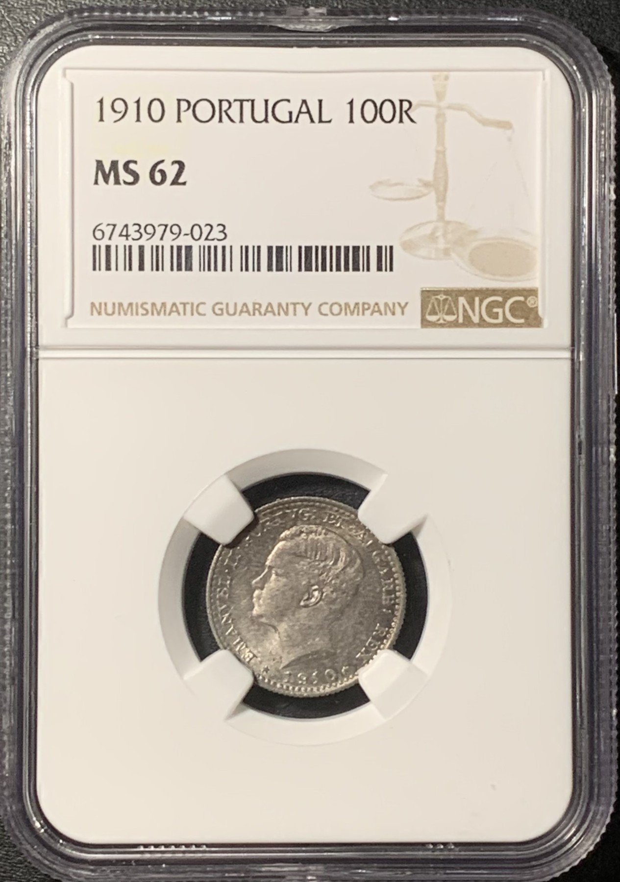 紫瑗钱币——第331期拍卖 葡萄牙 1910年 曼努埃尔二世 100瑞斯 银币 NGC MS62 五彩包浆