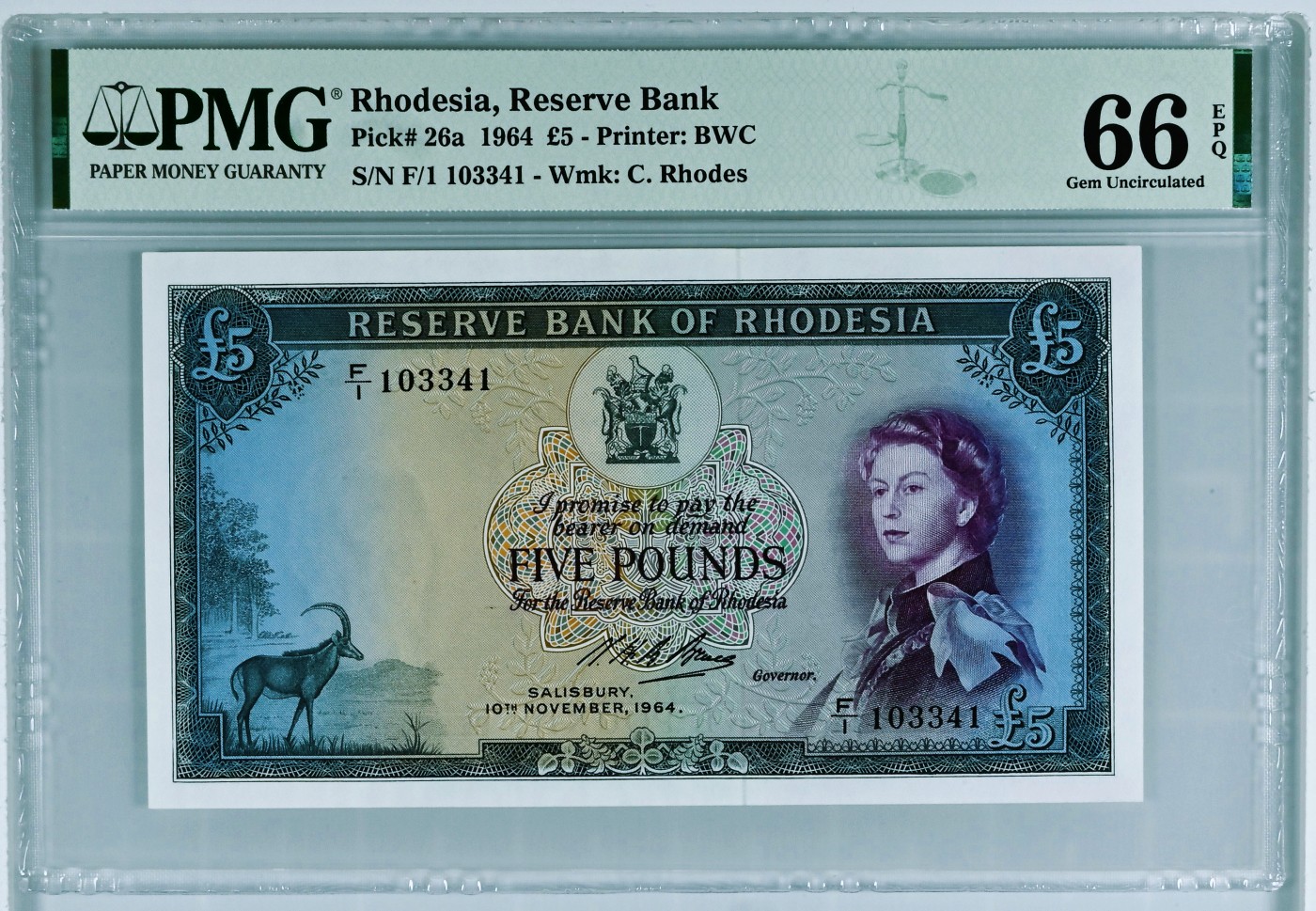 【Blue Auction】✨世界纸币精拍第402期【精】 【首发冠】罗德西亚 1964年5镑 PMG66EPQ  BWC出品 戎装女王 大津巴布韦遗址 精美