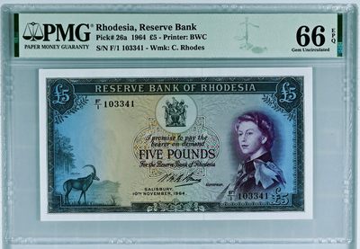 【Blue Auction】✨世界纸币精拍第402期【精】 - 【首发冠】罗德西亚 1964年5镑 PMG66EPQ  BWC出品 戎装女王 大津巴布韦遗址 精美