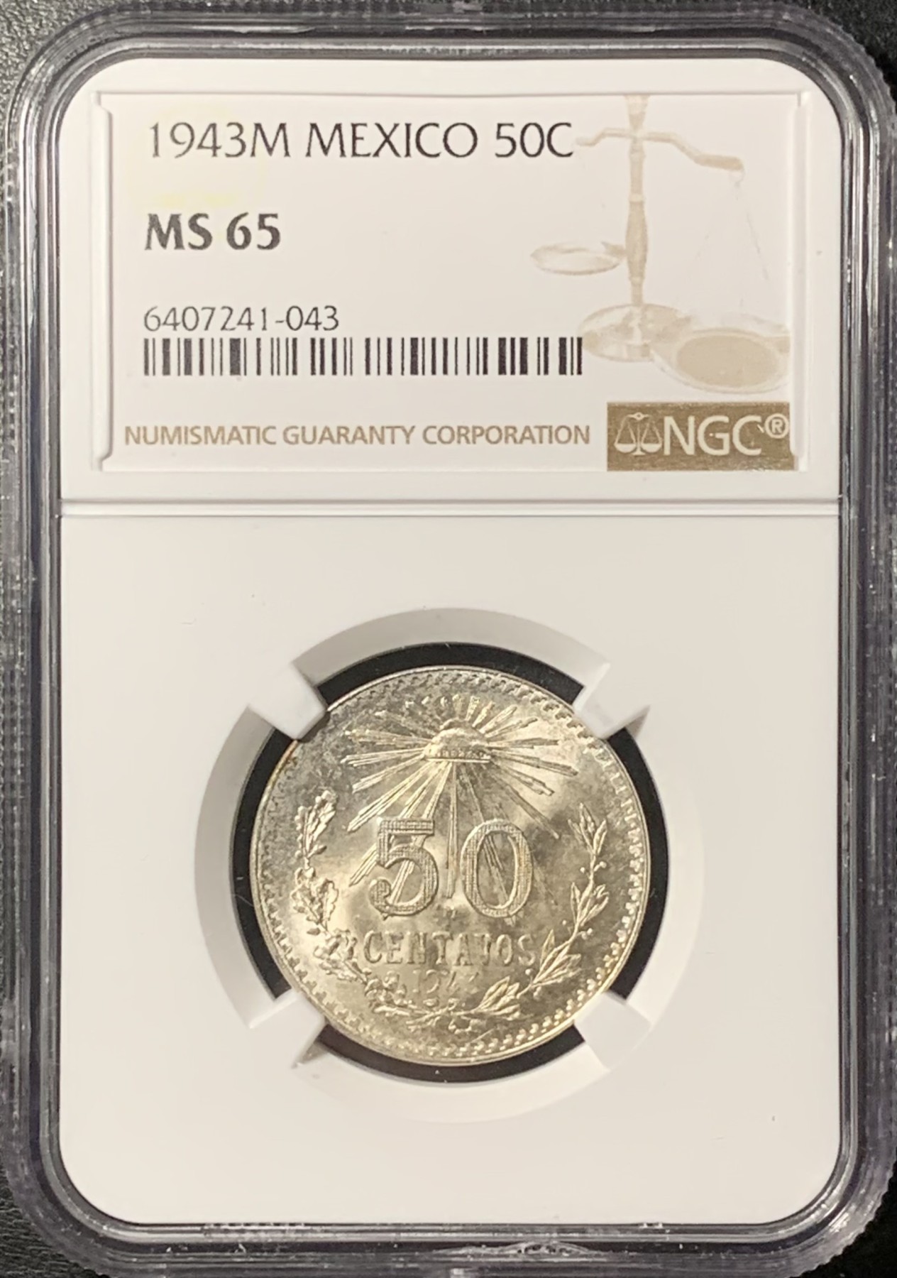 紫瑗钱币——第331期拍卖 墨西哥 1945年 M版 鹰洋 50分 银币 NGC MS65