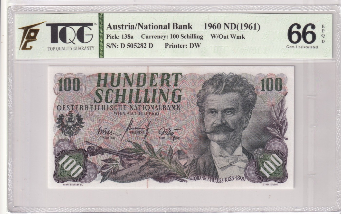 🌗乐淘淘世界纸币拍卖 第32期 🌓 【D 505282 D】奥地利1960年纸币 100先令 施特劳斯 TQG66EPQ