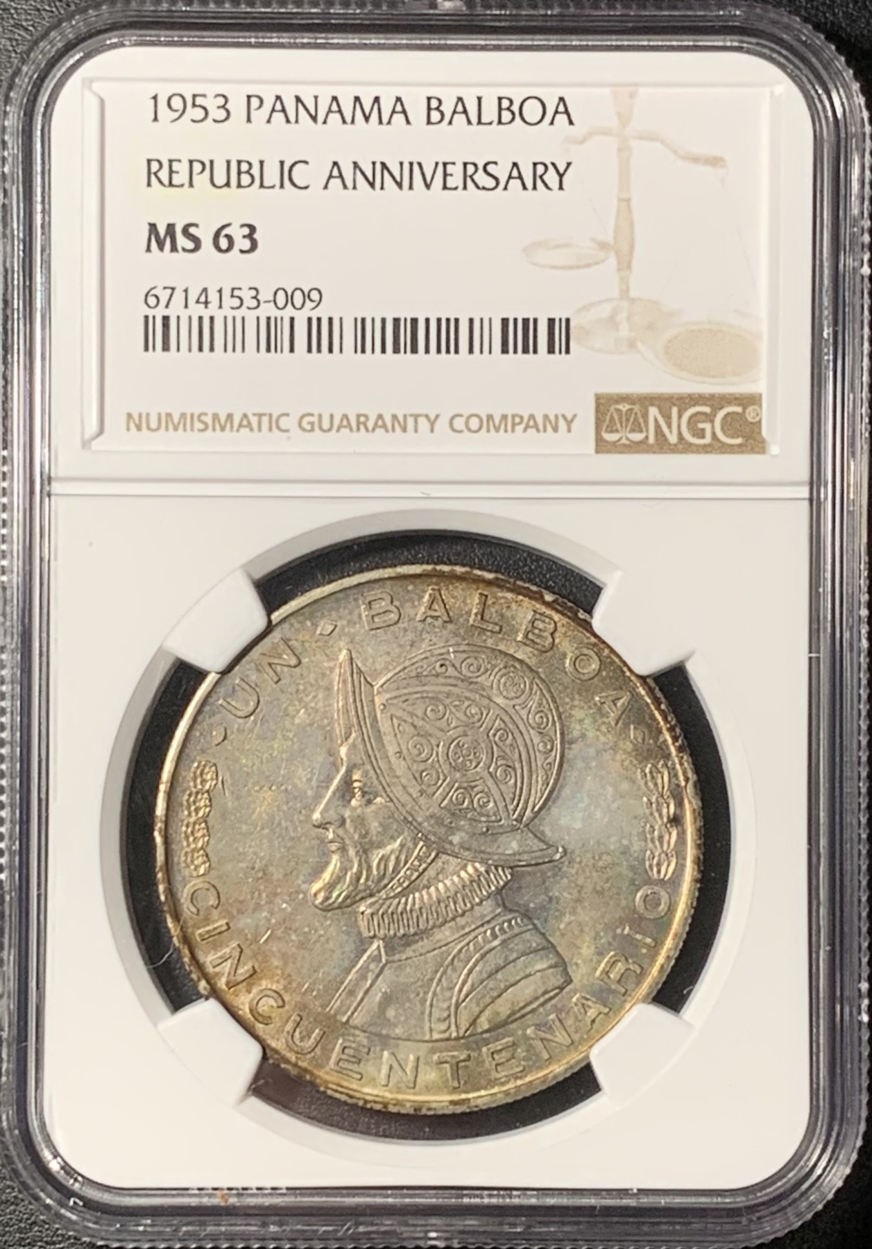 紫瑗钱币——第331期拍卖 巴拿马 1953年 总督巴尔博亚 1巴波亚 银币 NGC MS63 五彩包浆