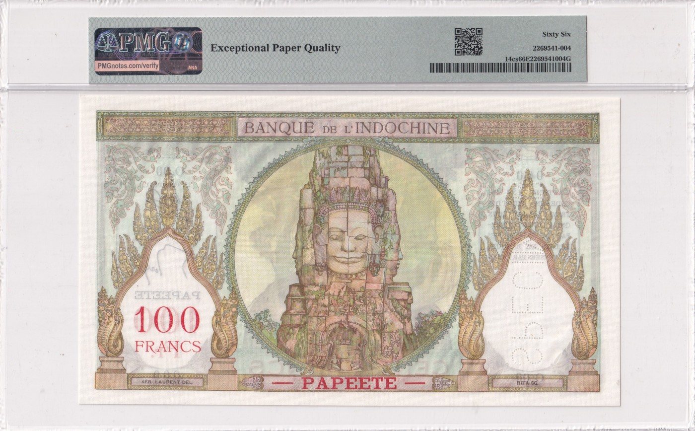 🌗乐淘淘世界纸币拍卖 第32期 🌓 塔希提岛1939-65年纸币 100法郎 样钞 精美法属大票幅 PMG66EPQ 亚军分